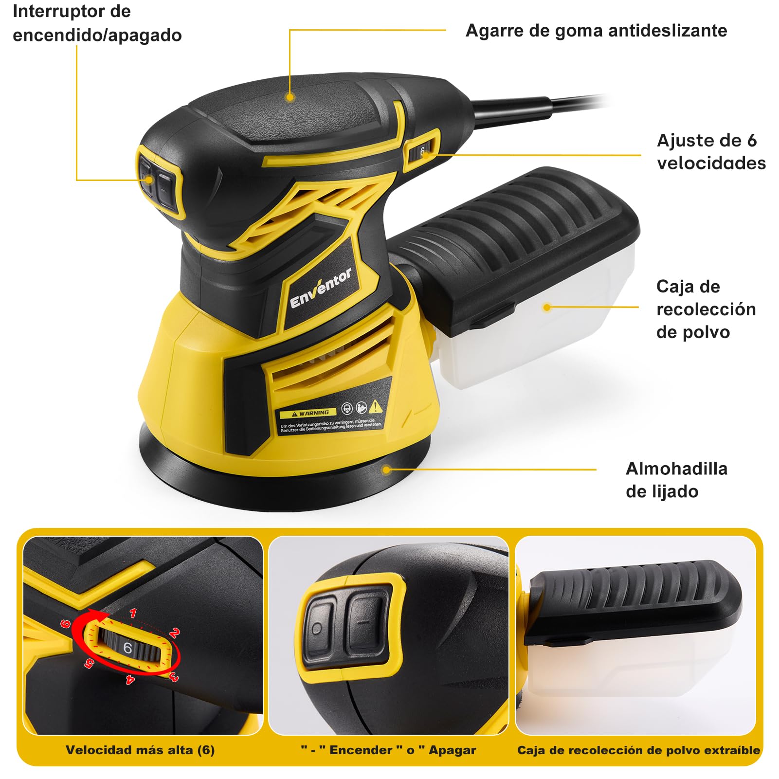 Enventor Lijadora Madera 350W, Lijadora Orbital Electrica con 6 Velocidades Variables, 6000-13000RPM, 125MM, 20PCS (80, 120, 180, 240 Grit), Lijadora Electrica para Madera y Acero
