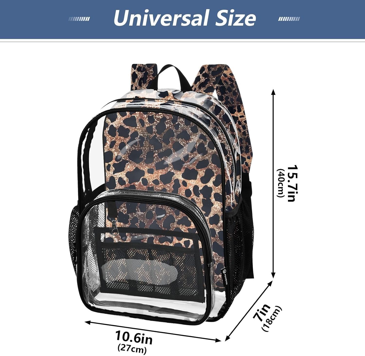 Leopard Cheetah Print Black Brown Clear Backpack Heavy Duty See Through Transparent PVC BookBag for Kids Boy Girl Adult School Work