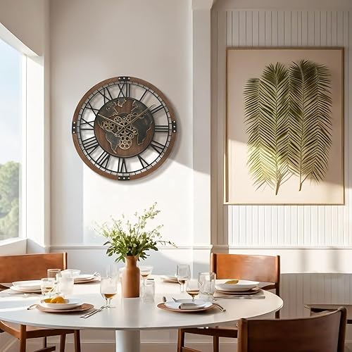 Miniatura 8 de Micasso Reloj de engranajes grandes de 27 pulgadas con mapa del mundo, reloj de pared con engranajes móviles reales marrones de gran tamaño, marco