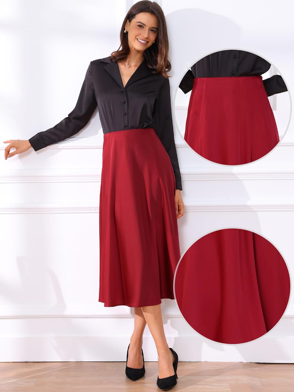 Allegra K Satin Midi Skirt for Women's High Waist Fall 2025 A-Line Skirts - Image 2
