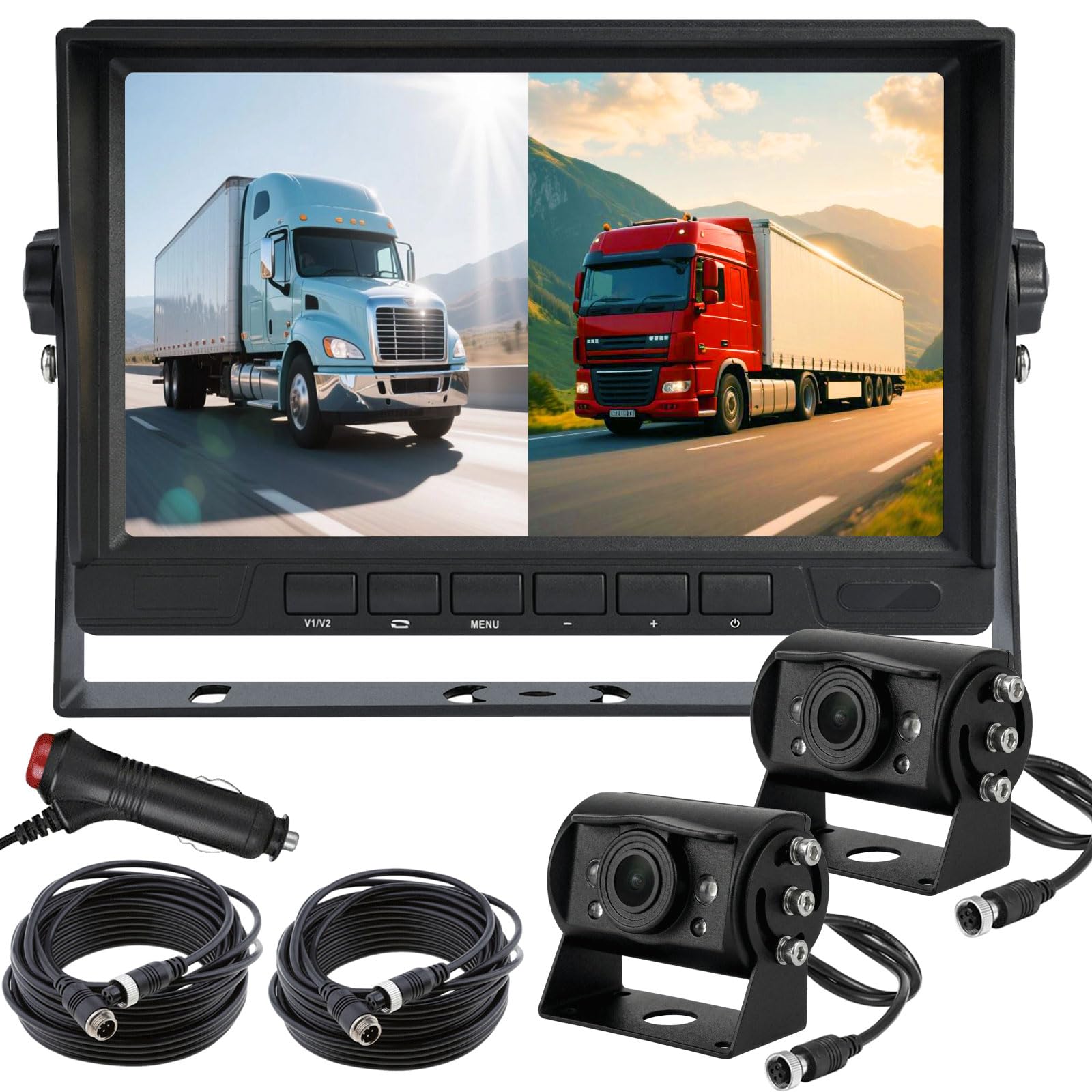 AHD 1080P Fahrzeug LKW Rückfahrkamera mit 17.8 cm 2-Split Monitor | 2 x wasserdichte IR-Nachtsicht-Rückfahrkamera, 15 m Kabel, 12 V-24 V, robuster Sattelauflieger, Wohnmobile, LKW