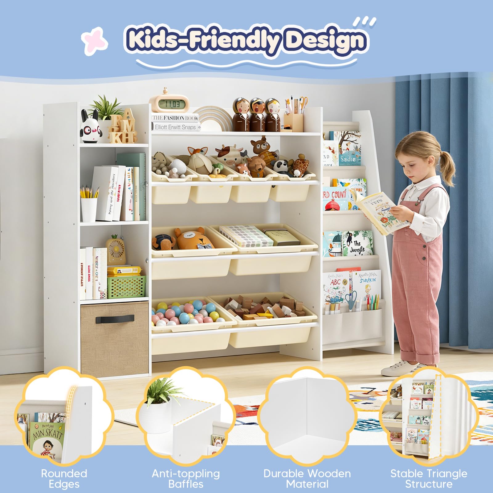 Kinderregal, Holz-Bücherregal mit 8 Aufbewahrungsboxen, Kinderzimmermöbel mit Spielzeugkiste für Schlafzimmer, Wohnzimmer, Arbeitszimmer, 147 x 30 x 100 cm, Weiß