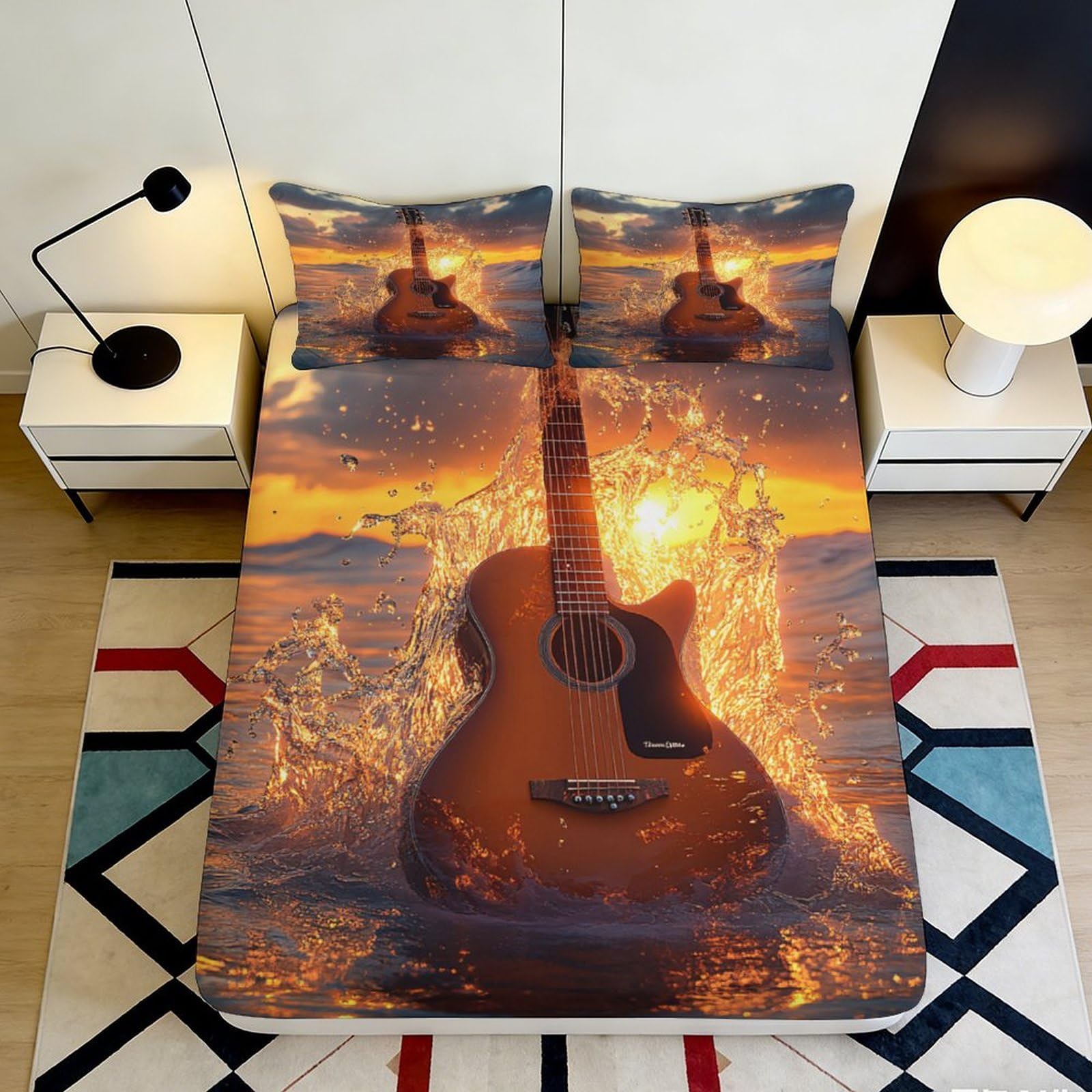 Pnayamiorkfel Style-4 3D Printed Sunset Guitar Fitted Sheet Microfiber Soft Orange Splash Mattress Cover For Bedroom Dorm Decor 90X200x25cm