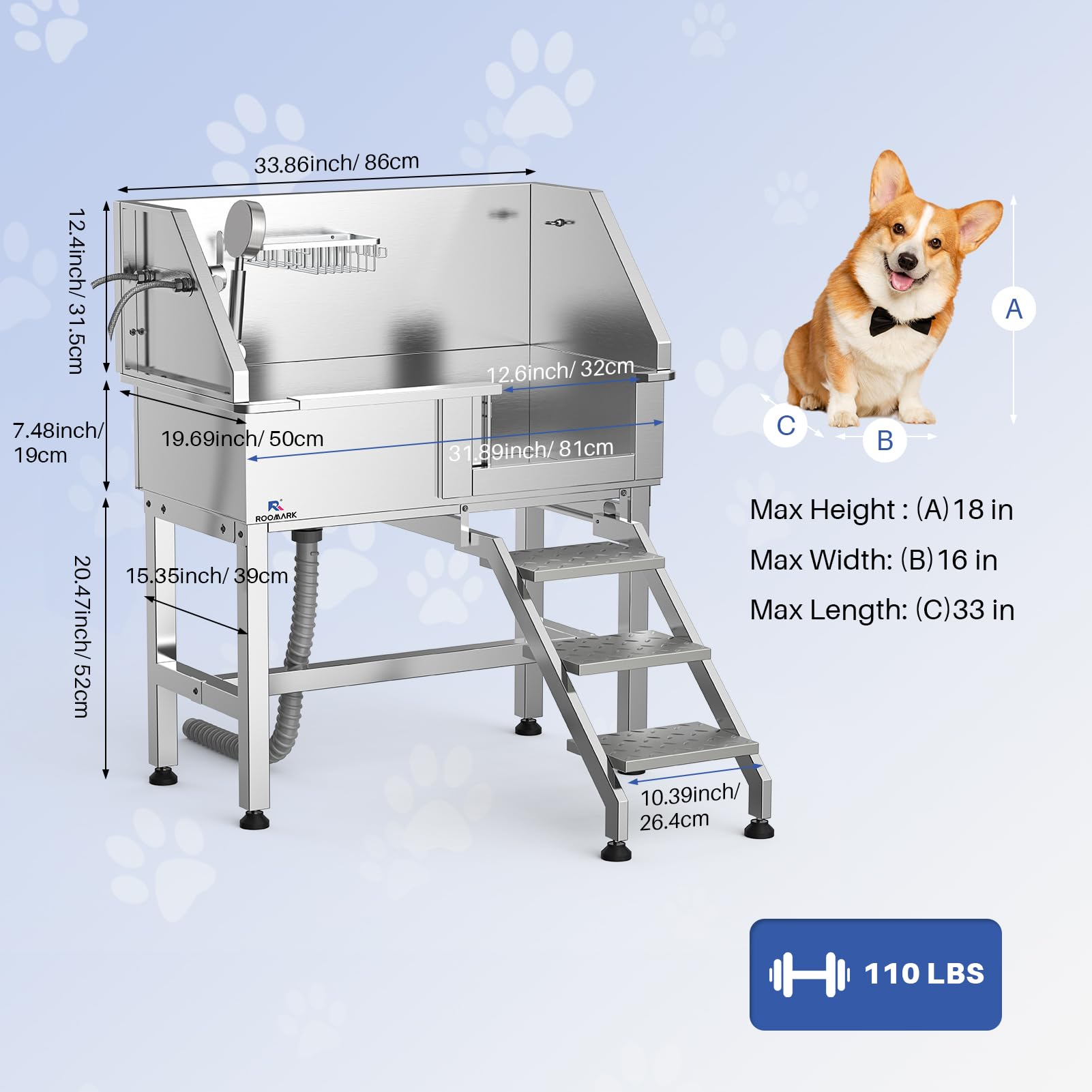 Bañera profesional para perros de 86 cm con escalera, piscina para perros de acero inoxidable con cabezal de ducha y puerta corredera, capacidad de carga de 50 kg, bañera para perros medianos