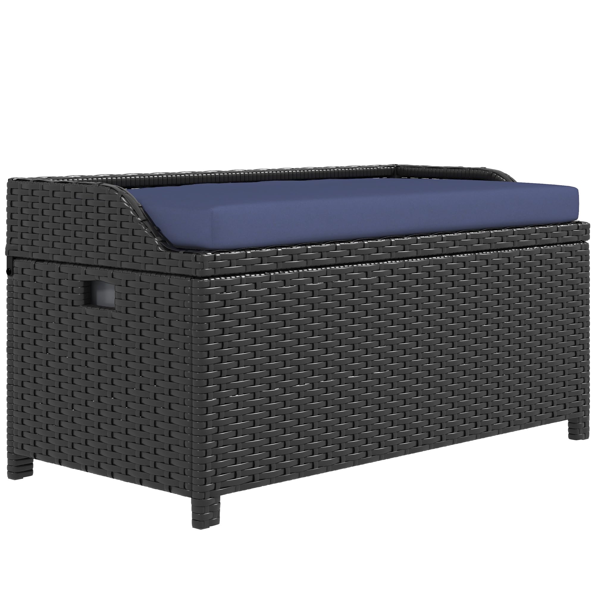 GOWE Outdoor Wicker Storage Bench Deck Box, PE Rattan Patio Furniture Pool Storage Bin Container with Interior Waterproof Cloth Bag and Comfortable Cushion, Navy Blue