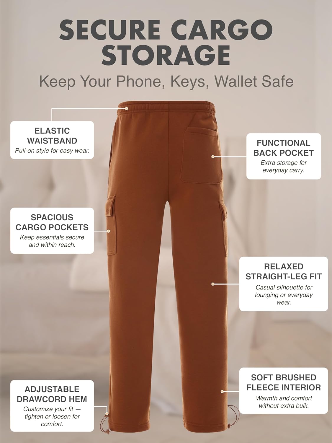 Men's Fleece Cargo Pants- Heavy Fleece Sweatpants with Cargo Pockets - Image 4