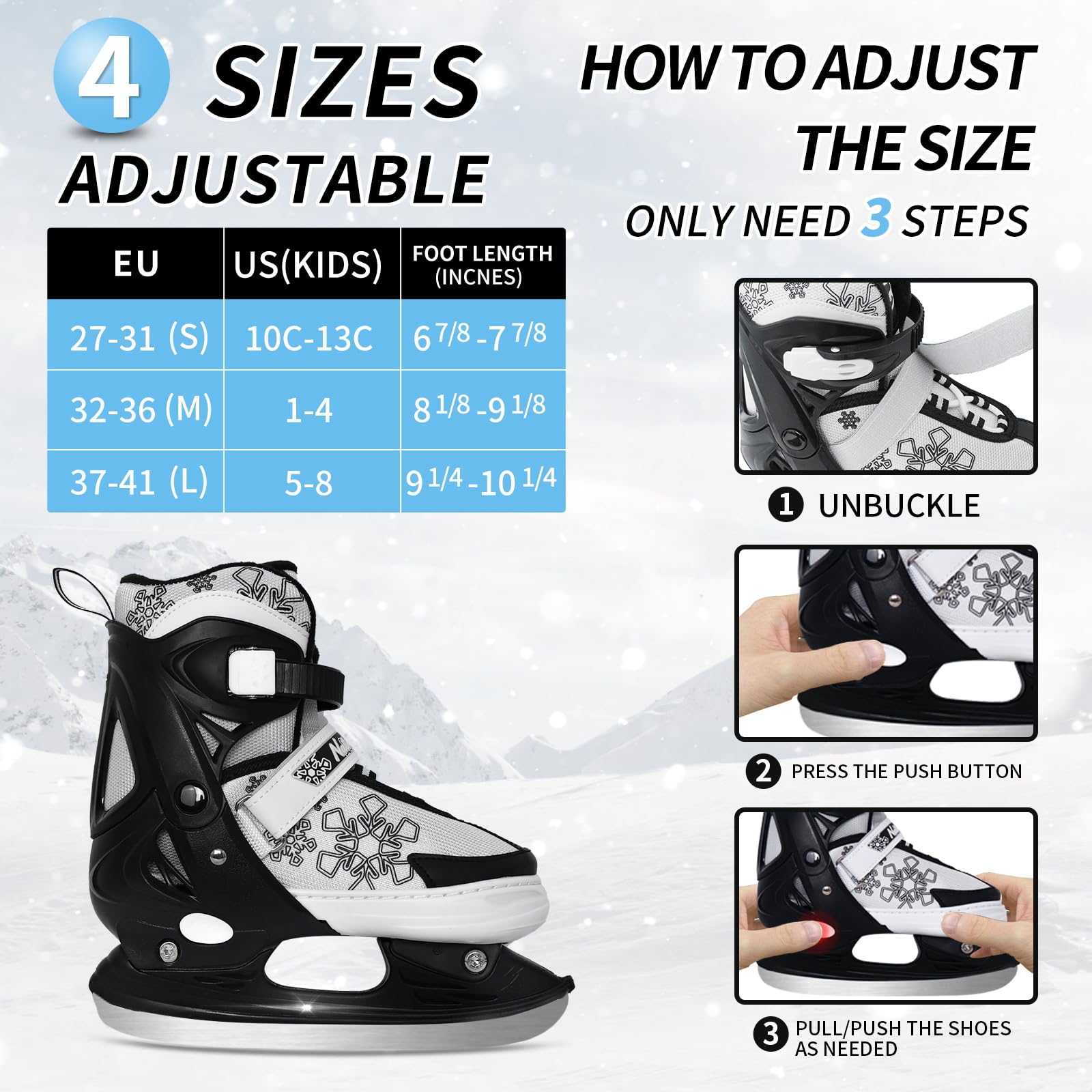 Nattork Adjustable Ice Skates, Black Ice Skates For Kids