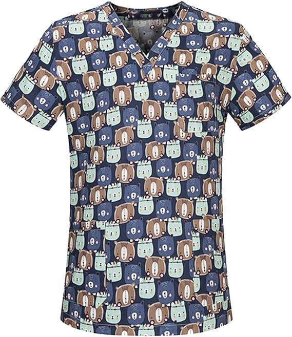 Womens Short Sleeve Scrub_Tops Cartoon Print Workwear Nursing_Tops Plus