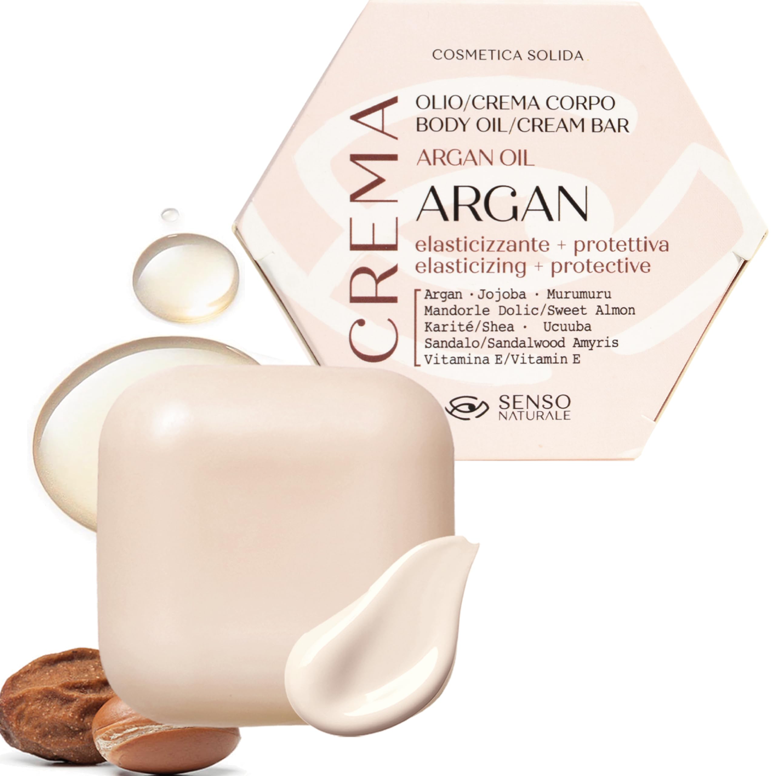 Senso Naturale Argan Solid Body Oil, Moisturising Body Cream Elastic for Firm Skin, Prevents Tone Loss and Stretch Marks