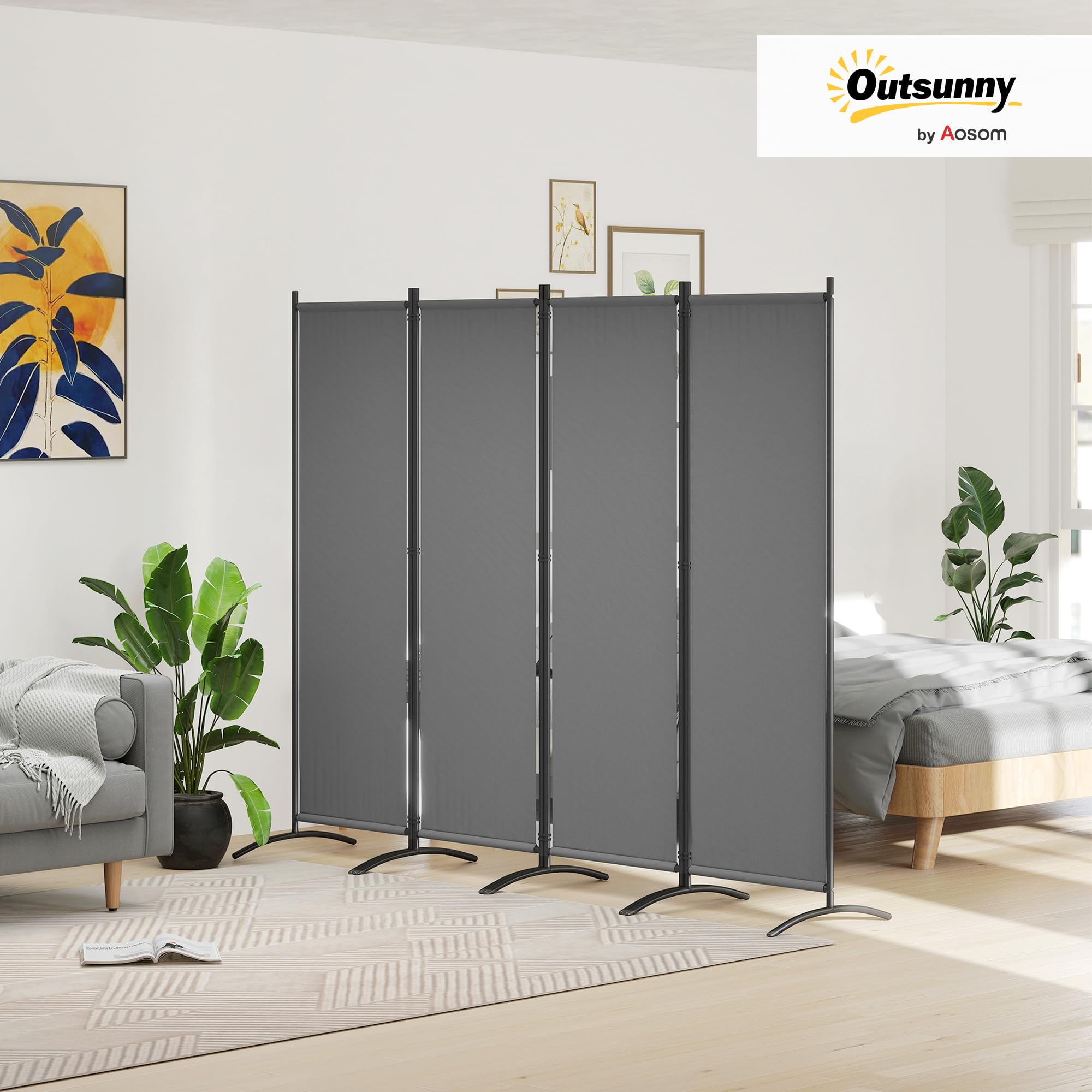 Outsunny Paravent 221 x 172 cm, paravent de Jardin à 4 Panneaux, cloison de séparation avec Pieds Larges, pour terrasse, Piscine, Balcon, en Tissu Polyester de 180 g/m², Gris foncé