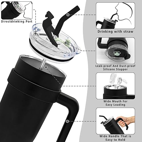 Miniatura 3 de Vaso con asa y pajita, acero inoxidable de 50 onzas, doble pared aislada al vacío, taza de viaje con tapa de dos tornillos y posavasos de silicona,