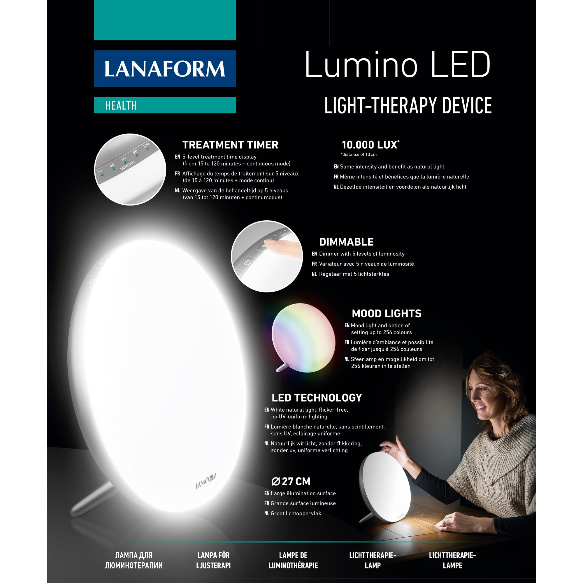 Lanaform Lumino LED Silver - Lámpara De Terapia De Luz - 10000 Lux - CONDUJO - Libre De Rayos UV - 5 Intensidades Ajustables