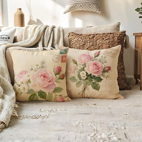 Miniatura 4 de ULOVE LOVE YOURSELF Paquete de 2 fundas de almohada retro con diseño de flores y peonías decorativas para el hogar, fundas de cojín cuadradas
