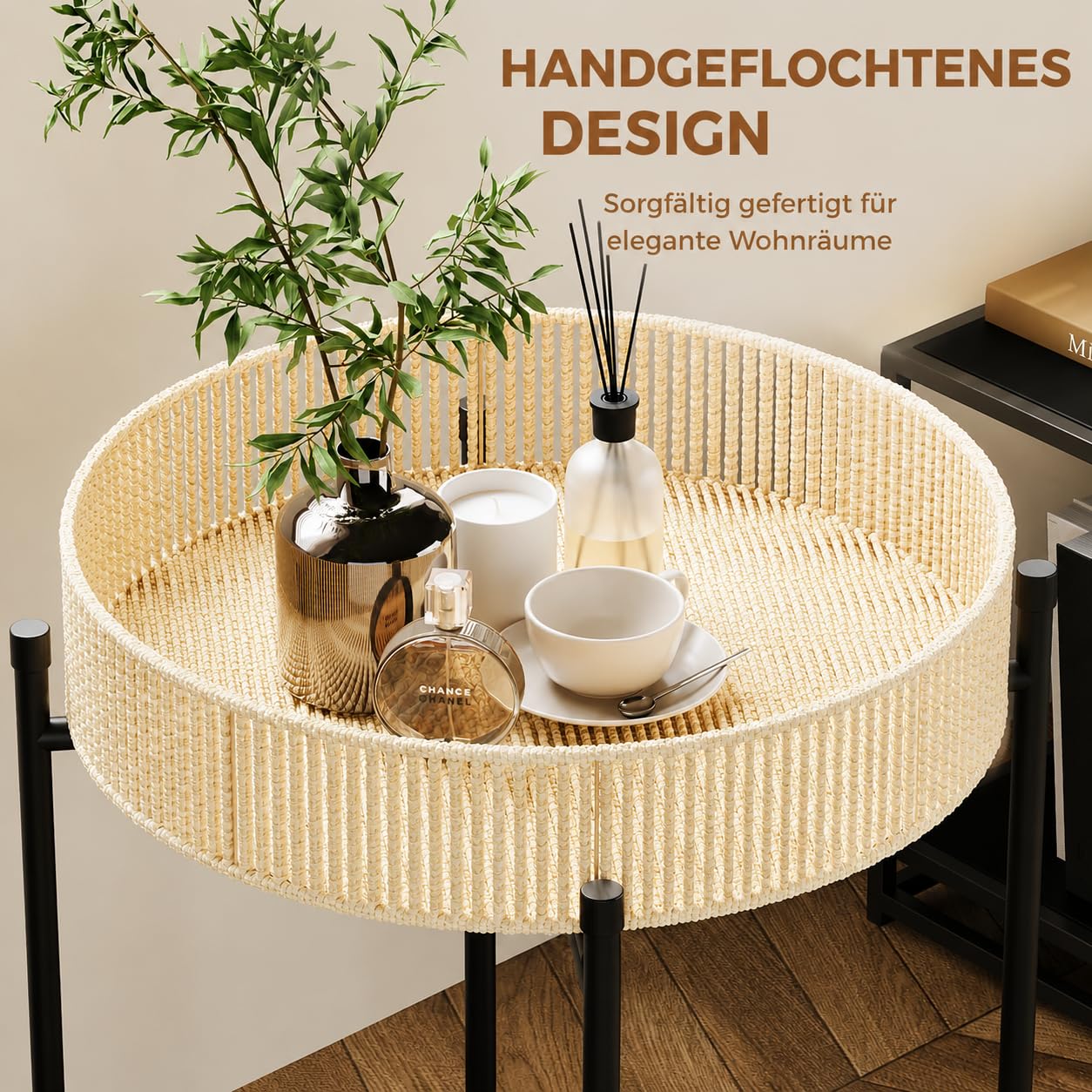 Bamworld Beistelltisch 2er Set Rund Boho Beistelltische mit Rattan Tablett & Metall Gestell Kleiner Tisch für Wohnzimmer Schlafzimmer Balkon Garten Beistelltisch Outdoor Indoor Ø44/40cm Höhe 52/43cm