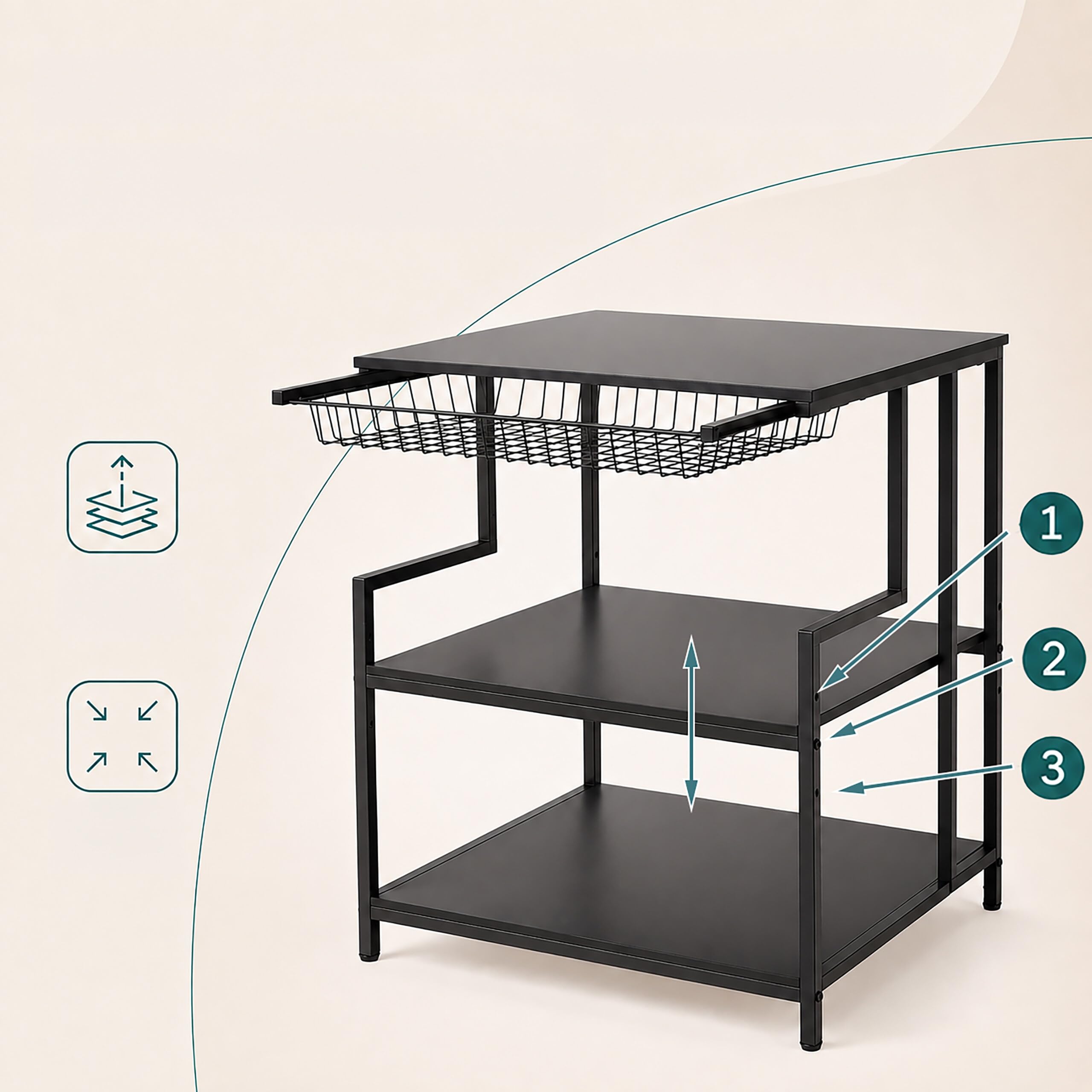 Relaxdays, scaffale per stampante, 3 ripiani, cassetto in metallo, nero