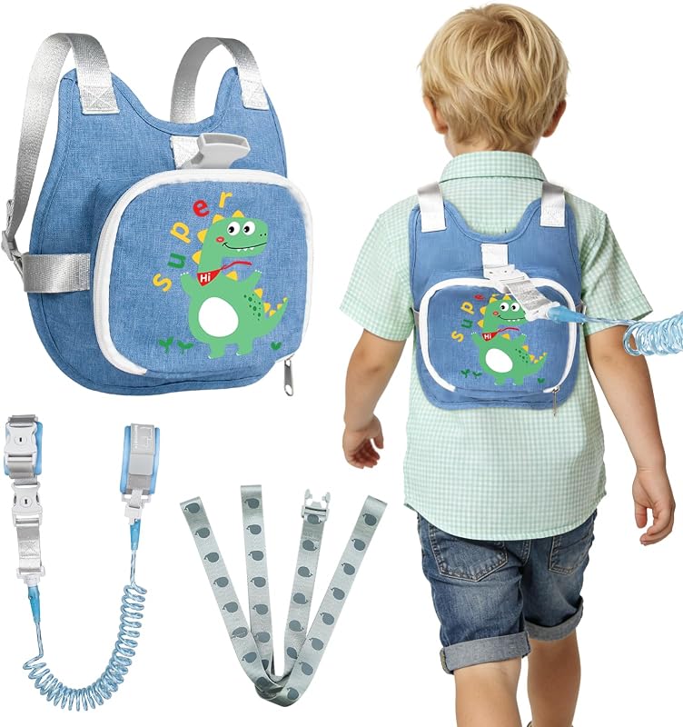Toddler Harness Backpack Leash with Wrist Link | Cute Dinosaur Anti-Lost Walking Strap for Kids | Foldable & Adjustable Child Safety Belt for Boys & Girls