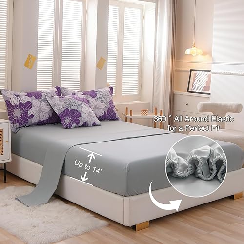 Miniatura 6 de Holawakaka Juego de edredón floral Queen de 6 piezas, cama en una bolsa, flores moradas impresas en gris, juego de ropa de cama botánica de