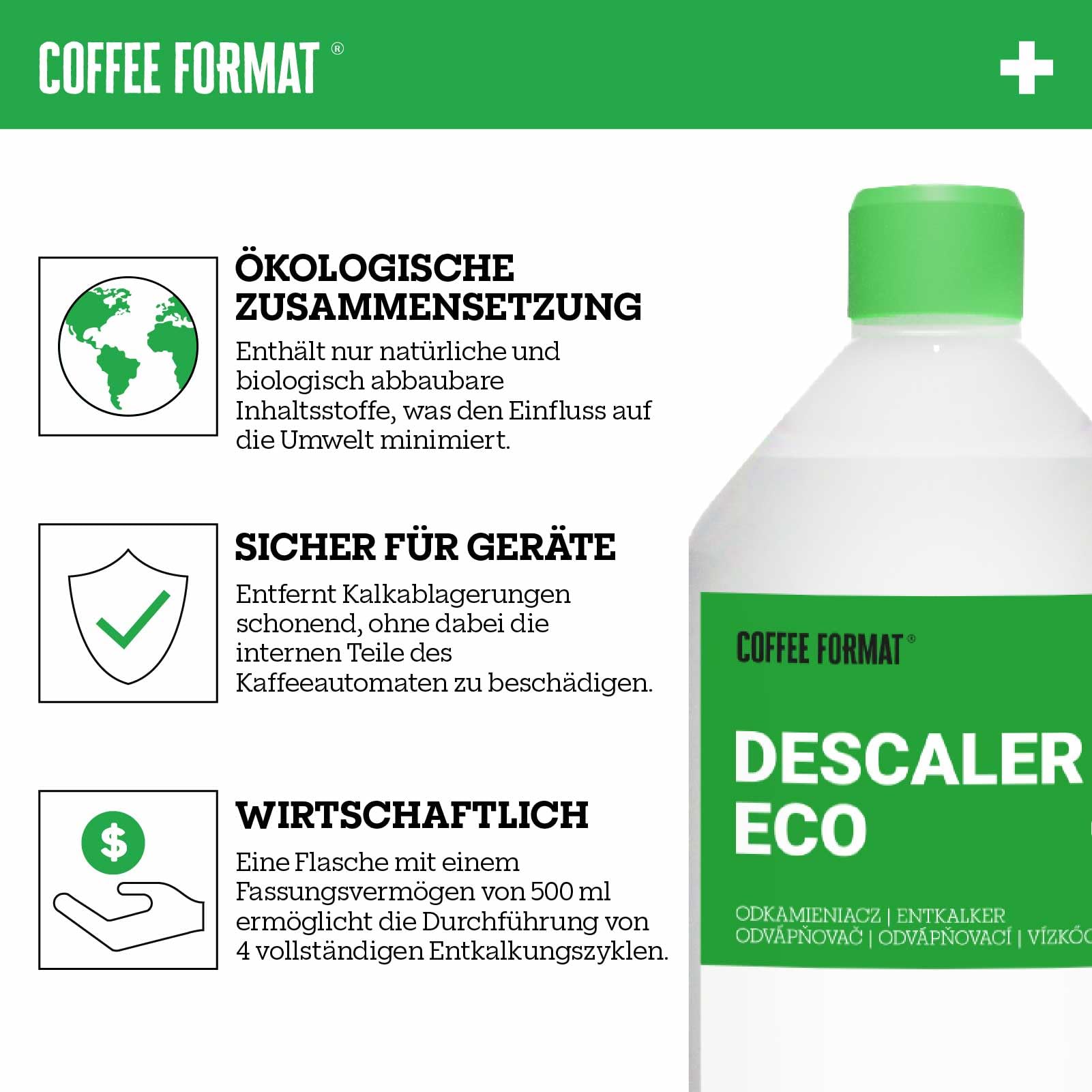Eco Descaler+ 500ml, uniwersalny odkamieniacz do ekspresów w pełni automatycznych i ekspresów do kawy,kompatybilny z DeLonghi, Saeco, Krups, Philips, Melitta i wieloma innymi