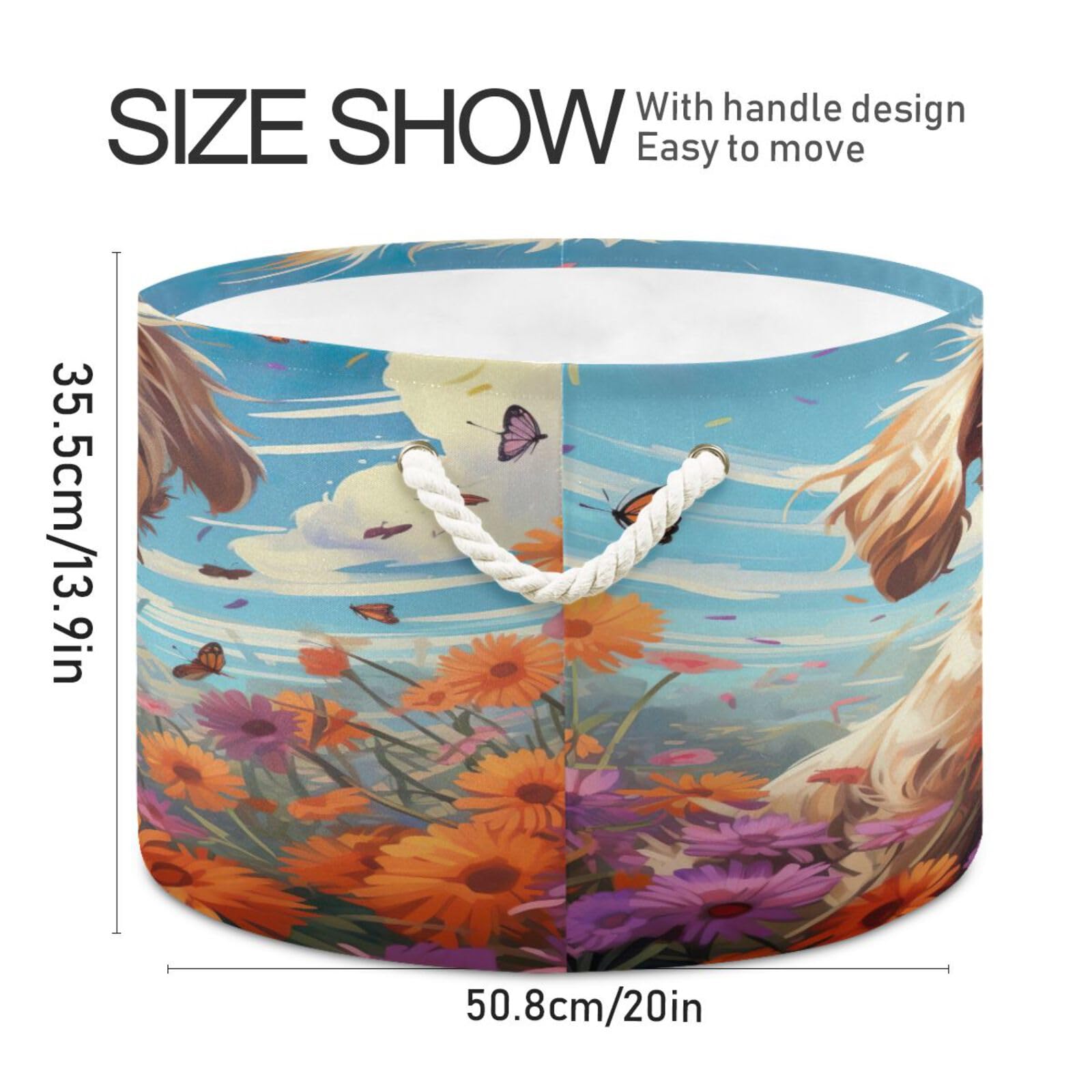 Round Cute Puppy Dog Butterfly Flower Storage Basket Large Organizer Bin Laundry Hamper Toy Storage Basket with Handle for Nursery Clothes Toys 202b4962