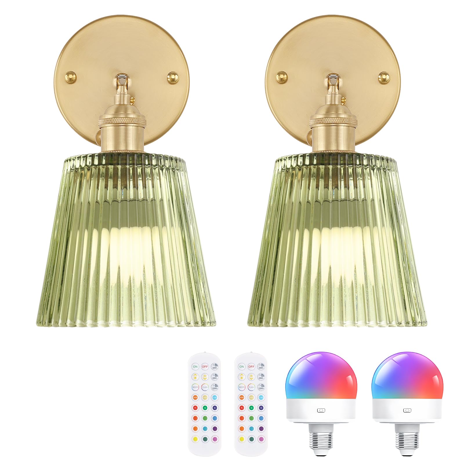 Shenmoyl Vintage Battery Operated Wall Sconce with Green Stripe Glass Lampshade Rechargeable Battery Powered Wall Light with Remote Control for Bedside Bedroom Doorway, Set of 2