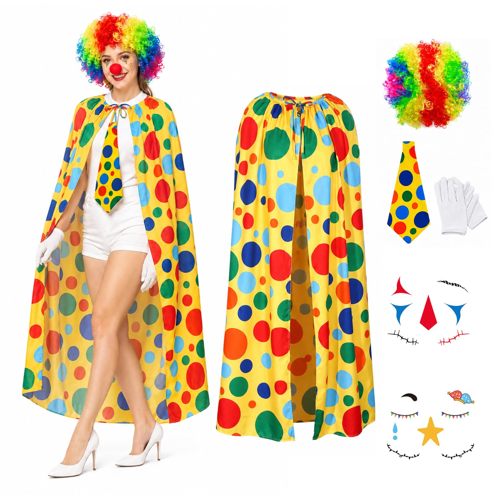Maazusa Clown Costume Clown Rainbow Polka Dot Cape 7Pcs with Rainbow Cape Wig Nose Tie Gloves Tattoos, Clowns Fancy Dress Outfit for Halloween Masquerade Cosplay Party