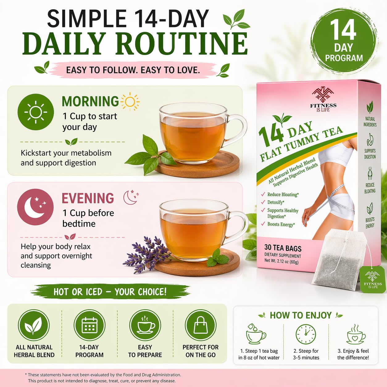 Fitness Is Life 14-Day Flat Tummy Herbal Tea, Green Tea and Botanical Blend, 30 Tea Bags — Amazon image 3