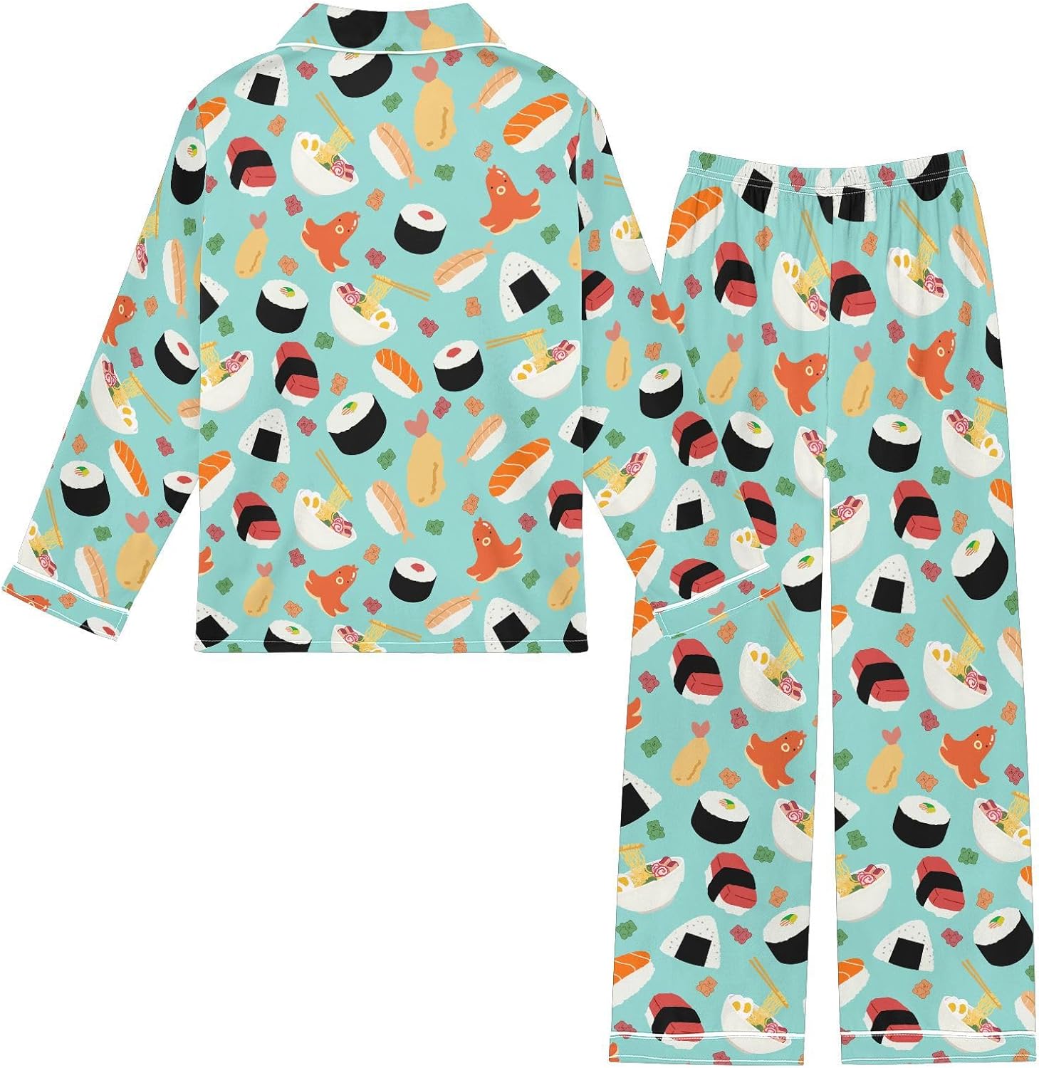 senya Delicious Sushi Dim Sum Satin Pajama Sets Long Sleeves Nightwear Button Down Sleepwear