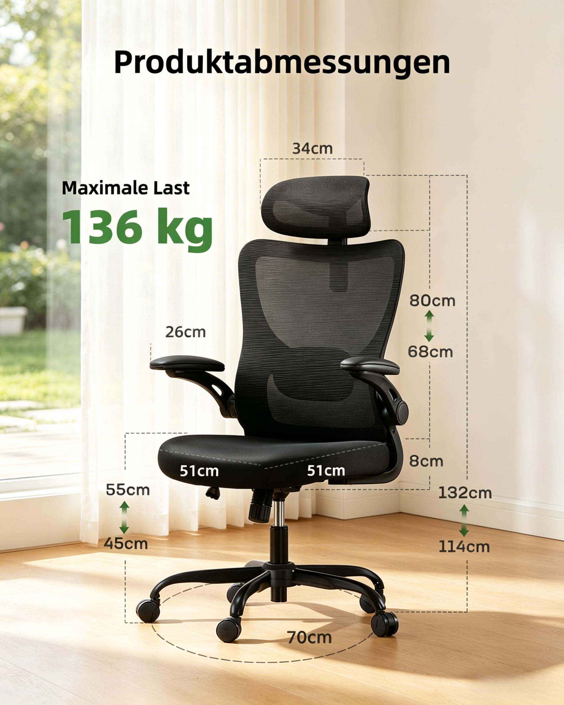 Marsail Bürostuhl Ergonomisch Schreibtischstuhl hat Verstellbarer Lordosenstütze Kopfstütze und Armlehne Höhenverstellung und Wippfunktion, Schwarz