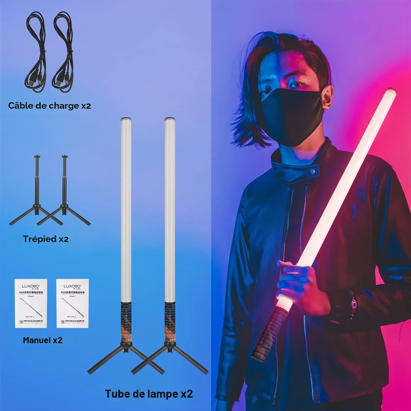 Lampe vidéo LED Portable avec trépied, 2 Pièces LUXCEO Barre lumineuse à tube RVB , intensité Variable et mémoire, Batterie intégrée 2000 mAh, Lampe Photo RVB pour DJ,Youtube, TikTok, Jeu en Streaming