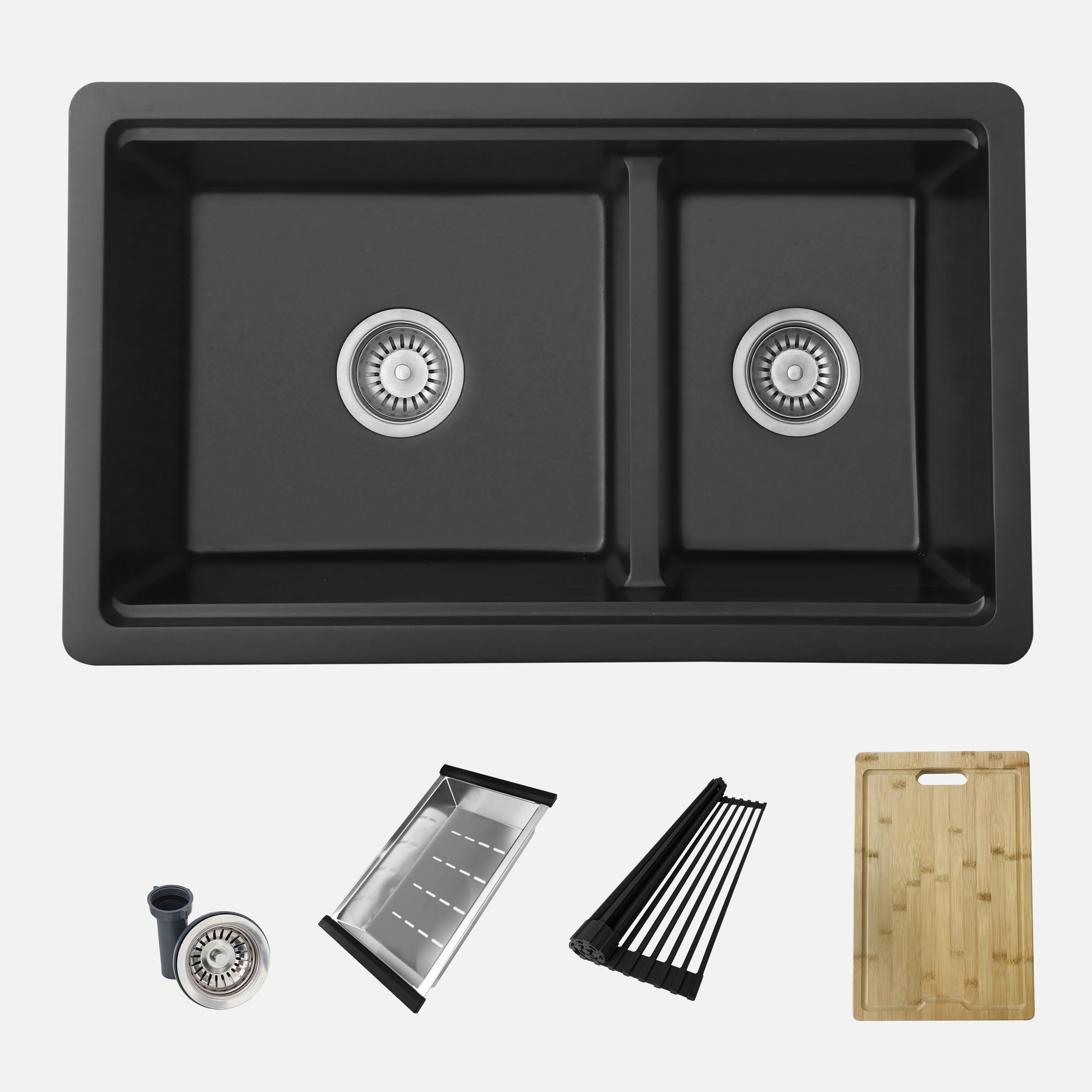 Stylish 30 x 18 Inch Composite Granite Workstation Kitchen Sink, 60/40 Double Bowl Under Mount &amp; Drop in, 9.5 in Deep, Reversible, with Cutting Board, Colander, Colander &amp; Strainer, Black, S-831WN