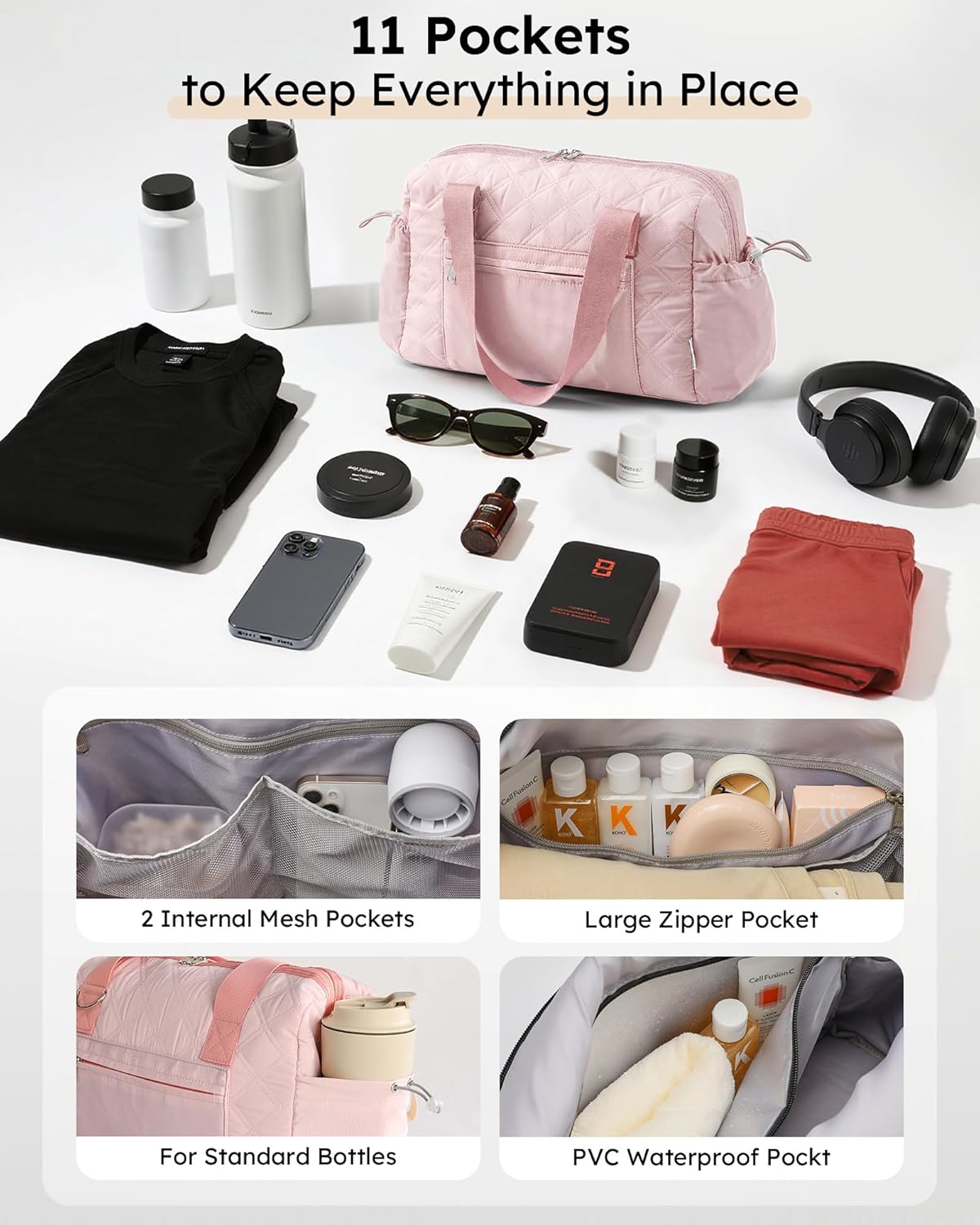 Small Gym Bag for Women, Mini Sports Duffle Bag for Workout Dance Ballet Yoga Gymnastics, Quilted Lightweight Puffer Travel Tote with Detachable Coin Purse & Wet Pocket, Pink - Image 2