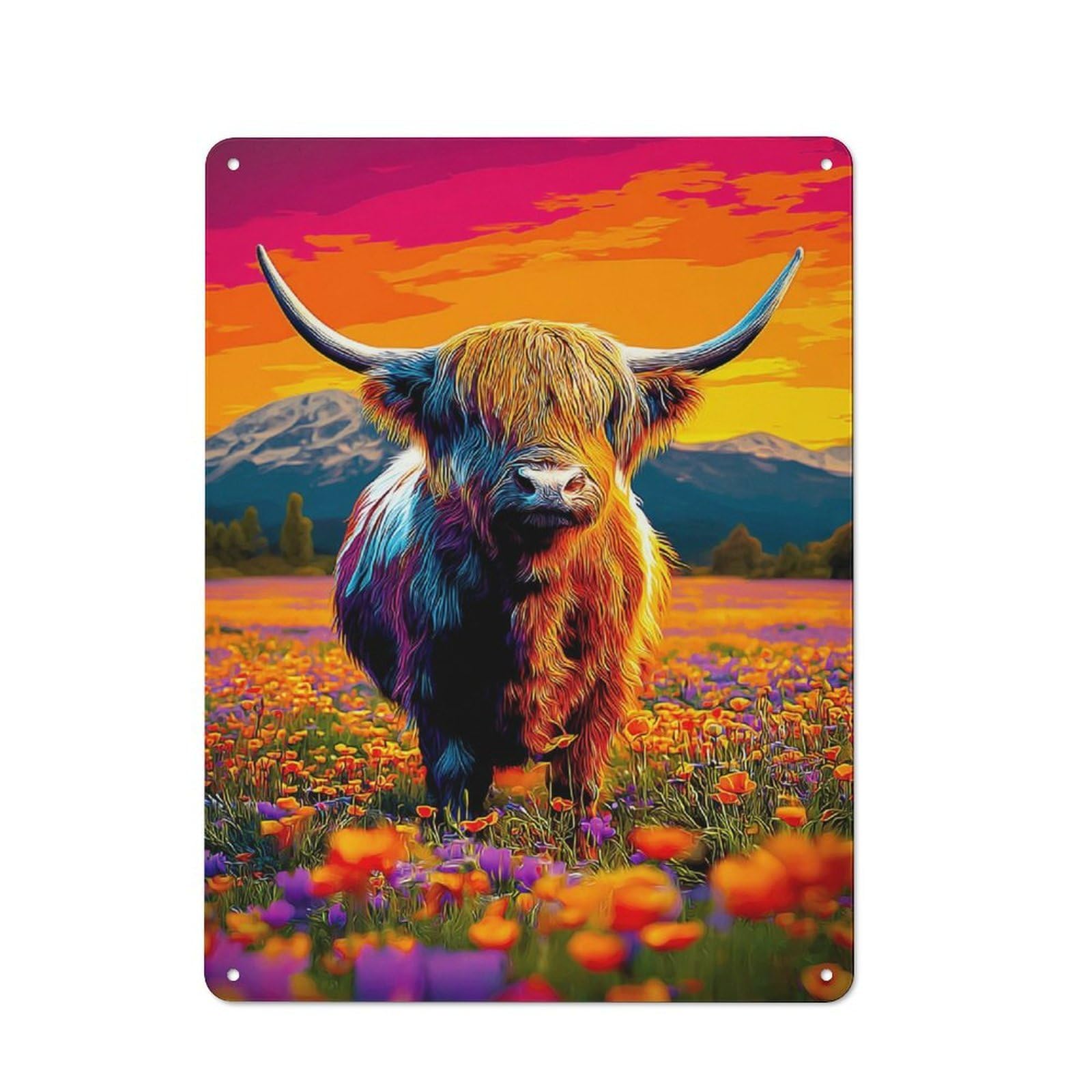 Junmoney Colorful Highland Cow In Flower Field Industrial-Style Tin Sign 40X30cm For Garage Or Workshop, For Garage, Workshop And Man Cave Decoration