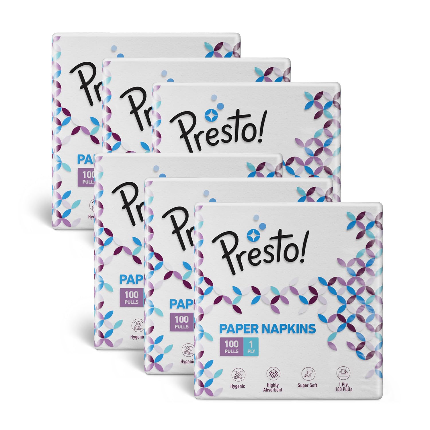 Amazon Brand - Presto! 1 Ply Tissue Paper Napkin | 600 Pulls | 100 Pulls X 6 Packs | 100% Natural Virgin Cellulose Fiber