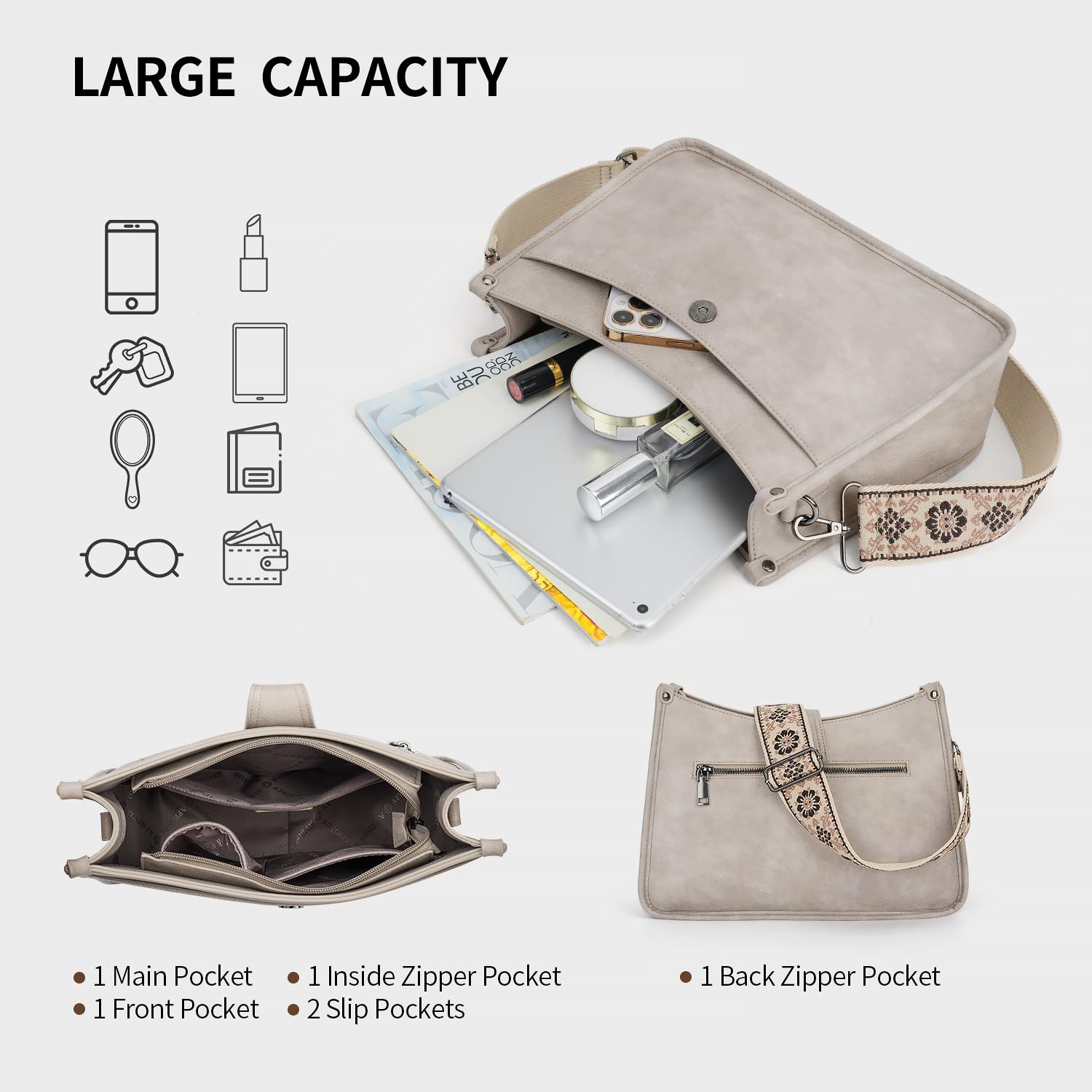 APHISON Borsa a tracolla da donna, media grandezza, borsa a tracolla con tracolla larga, borsa a tracolla in pelle vegana, 2 tracolla, tasca per carte di credito