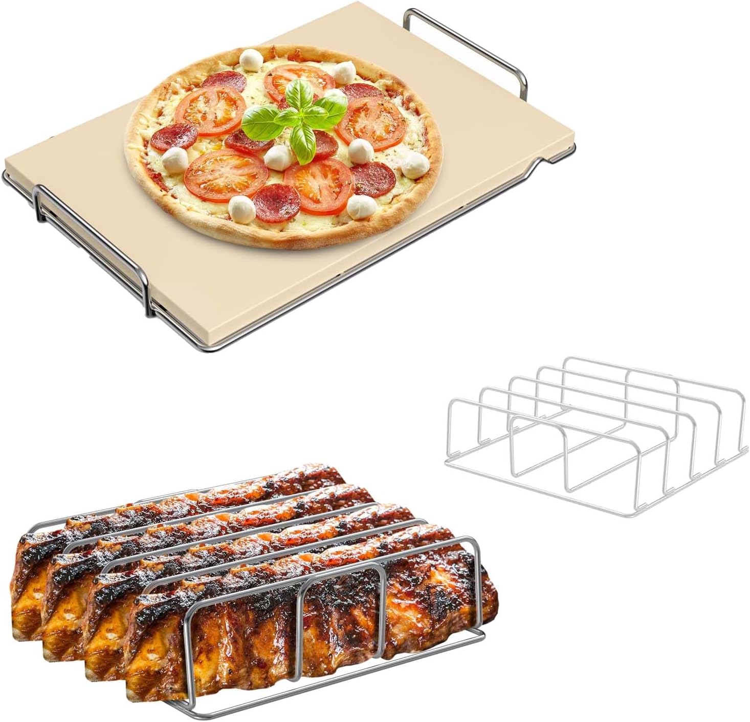 Pizza Stone with Grill Rack&Rib Rack for Ninja Woodfire OG951 OG850 Grill Accessories,Pizza Baking Stone with Rib Rack for Ninja Woodfire OG800 OG900 Series