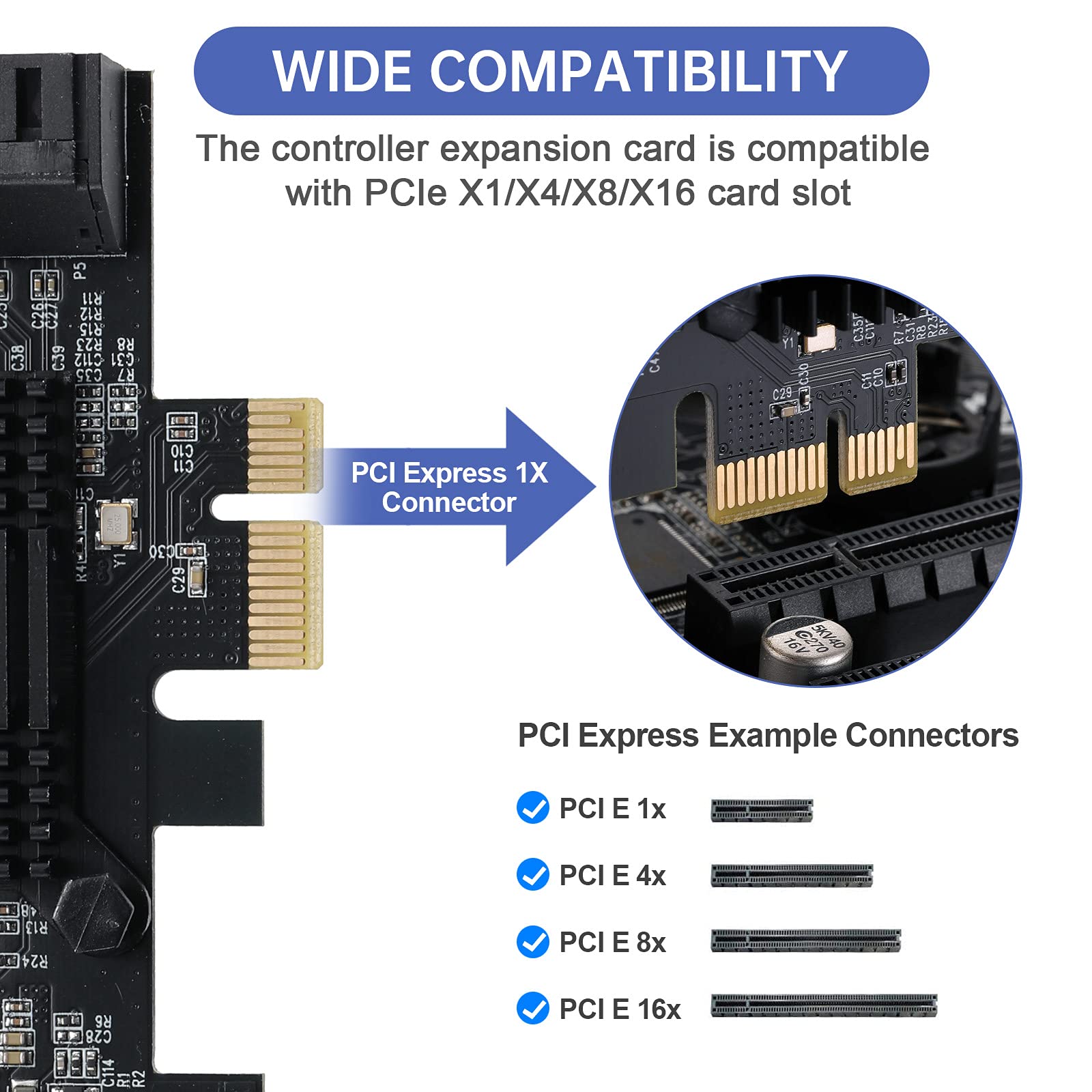 Scheda PCIE 1X SATA a 8 porte, con 8 cavi SATA e staffa a basso profilo, controller PCIE a SATA 3.0 6 Gbps, scheda di espansione PCIE a SATA, controller SATA, scheda PCIE SATA, chip ASM1166+JMB575
