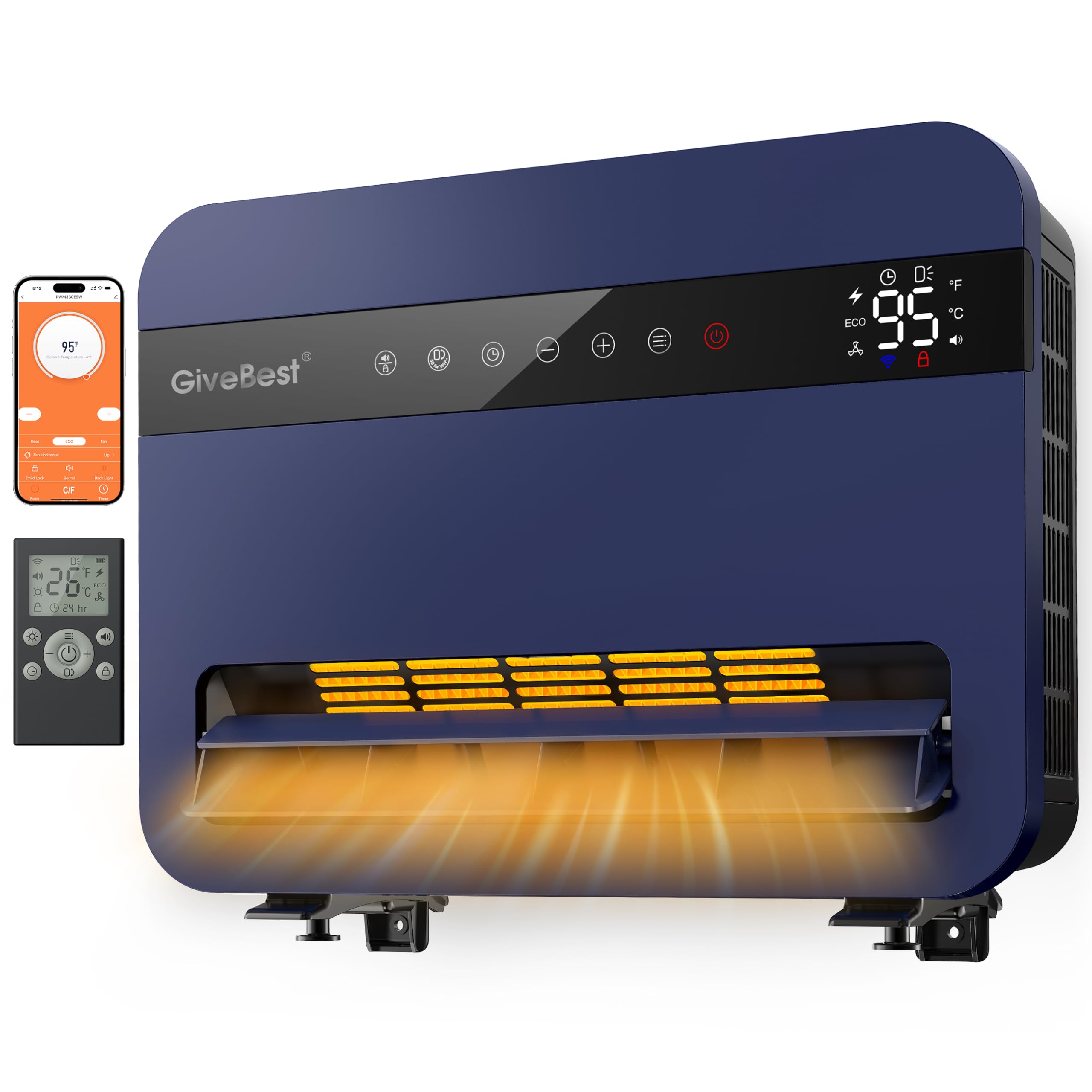 Givebest-Wall-Heater-for-Indoor-Use, 1500W Electric-Space-Heater, 120°Vertical Oscillation,Works with Alexa, Adjustable Thermostat, Remote Control, 24H Timer, Easy-mounted Heater for Indoor Use,Blue