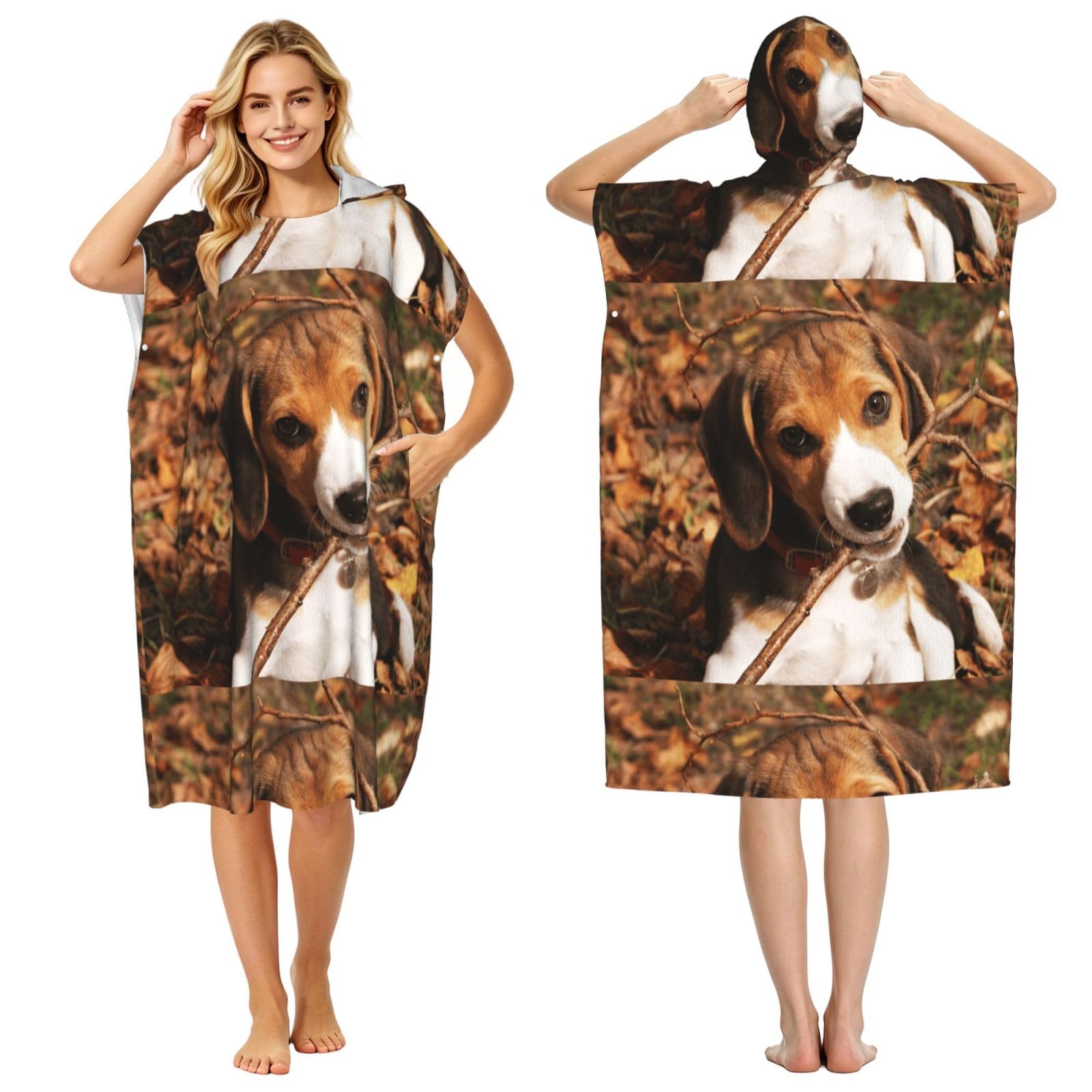 Poadnly Cute Beagle, Adult Hooded Beach Towel 90 x 110 cm,Changing Bath Robe, Surf Poncho Towel For Women Men