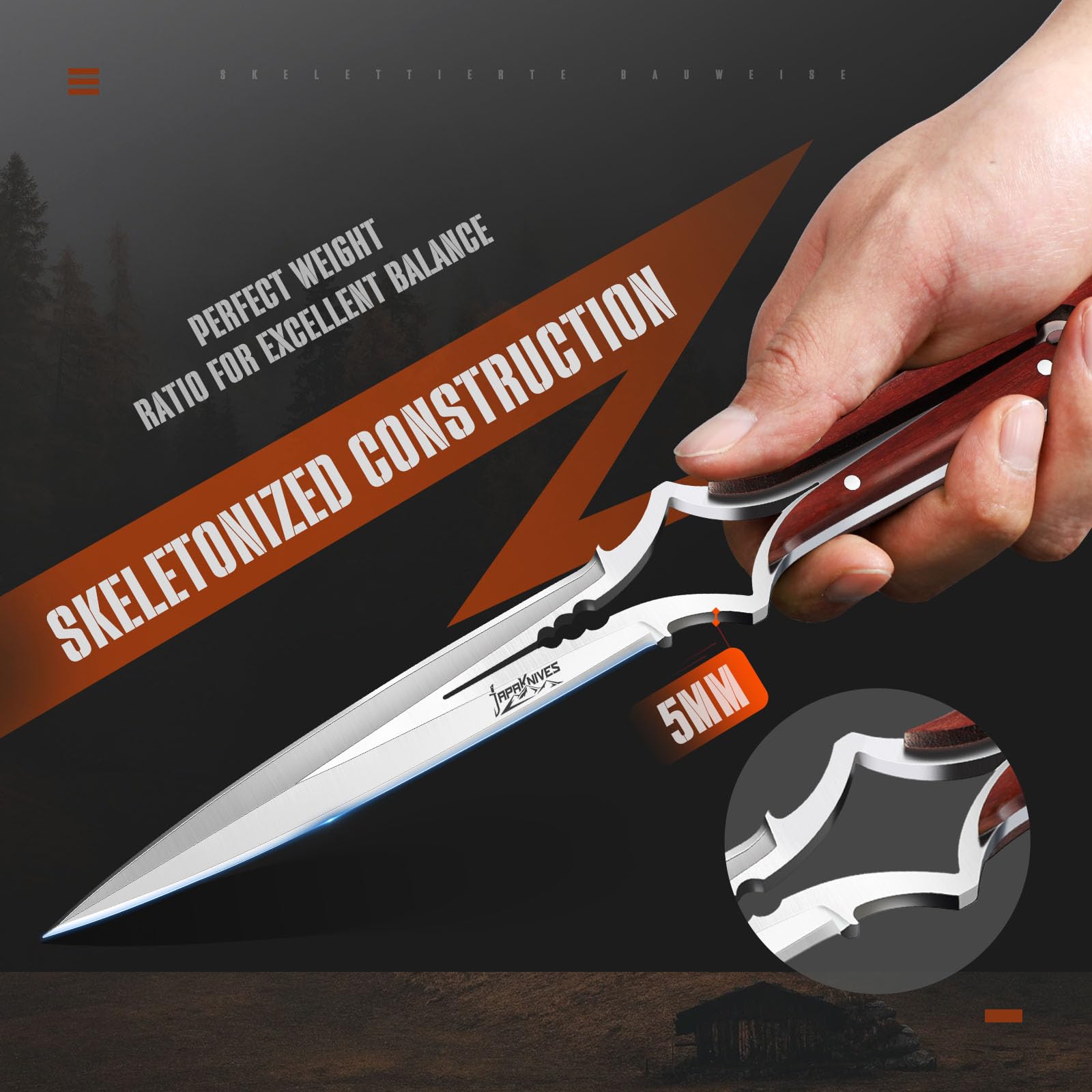 Japaknives Coltello da Esterno Survival Lama Fissa Acciaio M390 Struttura Forata Spessore 5mm Full Tang Campeggio Regalo per Uomini