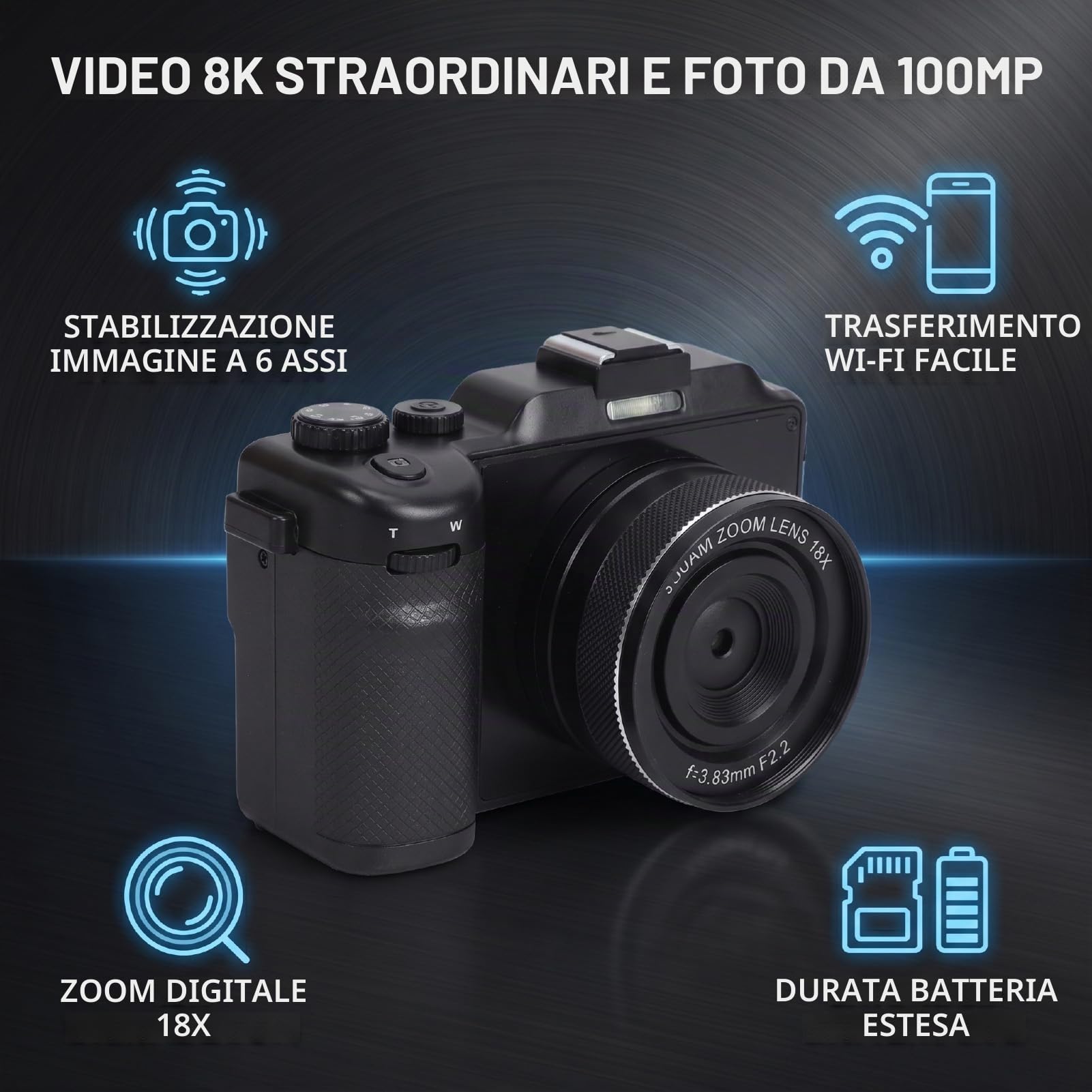 Fotocamera Digitale WiFi 8K, Fotocamera Doppio Obiettivo da 100 MP con Zoom 18X, Schermo da 3 Pollici, Stabilizzazione Elettronica a 6 Assi con Flash, Scheda di Memoria e Due (32 GB)