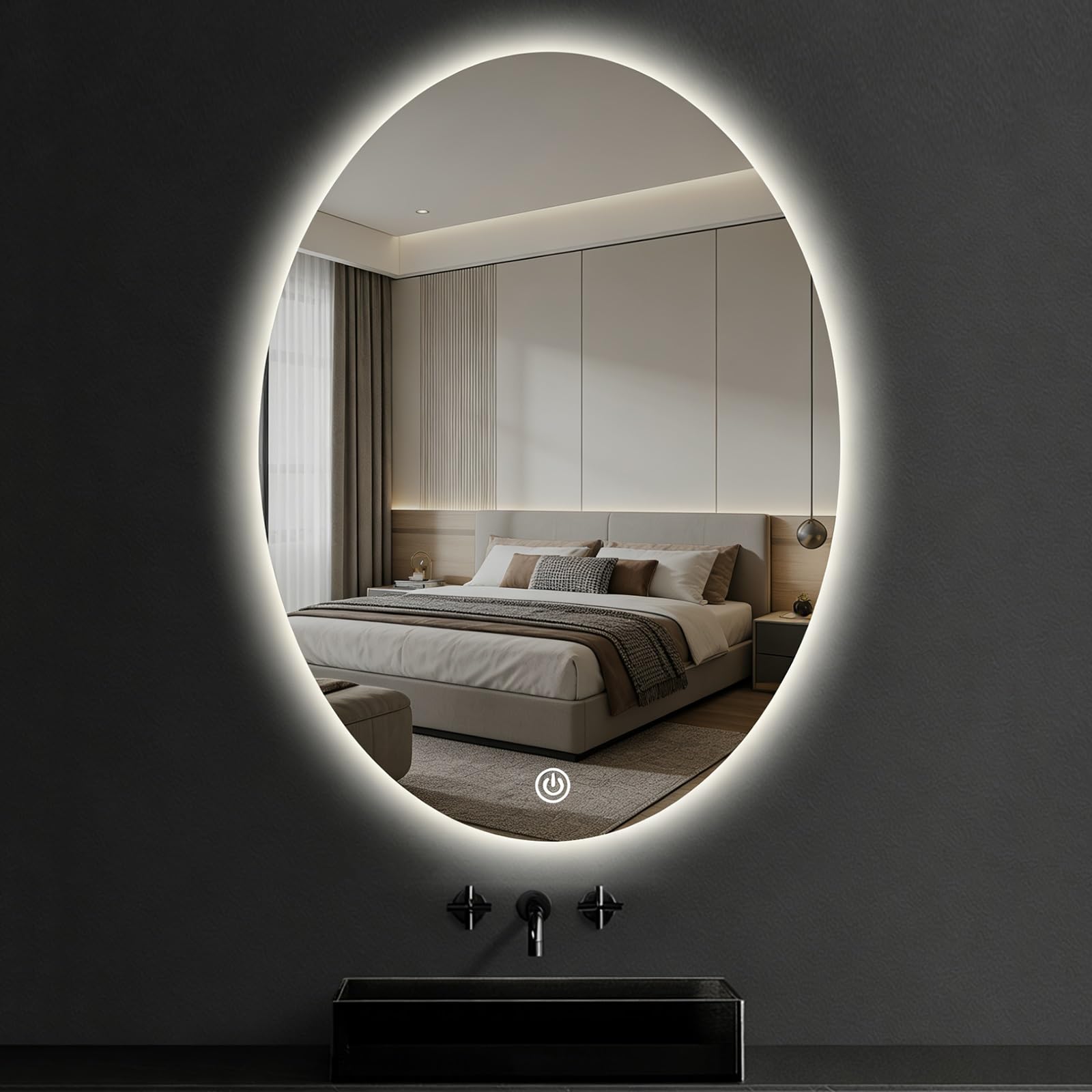 SXFSDOU Illuminated LED Bathroom Mirror, Oval Wall Mirror with Touch Button, Dimmable 3 Colour Light