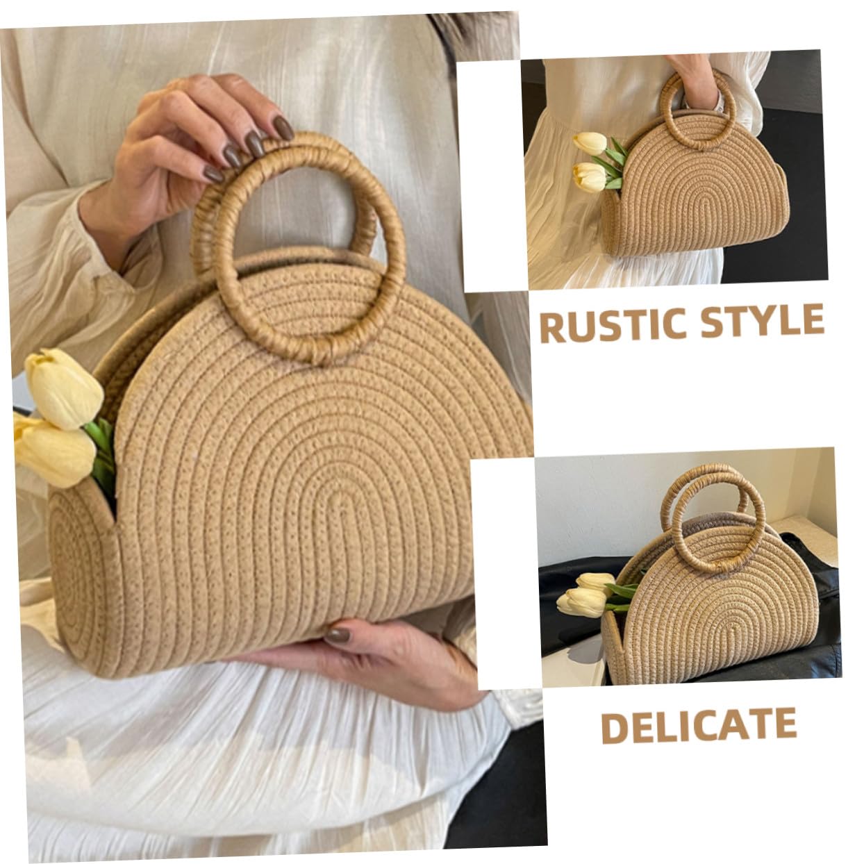 Abaodam Borsa in Corda di Cotone Intrecciata a Mano Texture Delicata, Capiente e Portatile, Stile Rustico per Picnic e Spiaggia Khaki