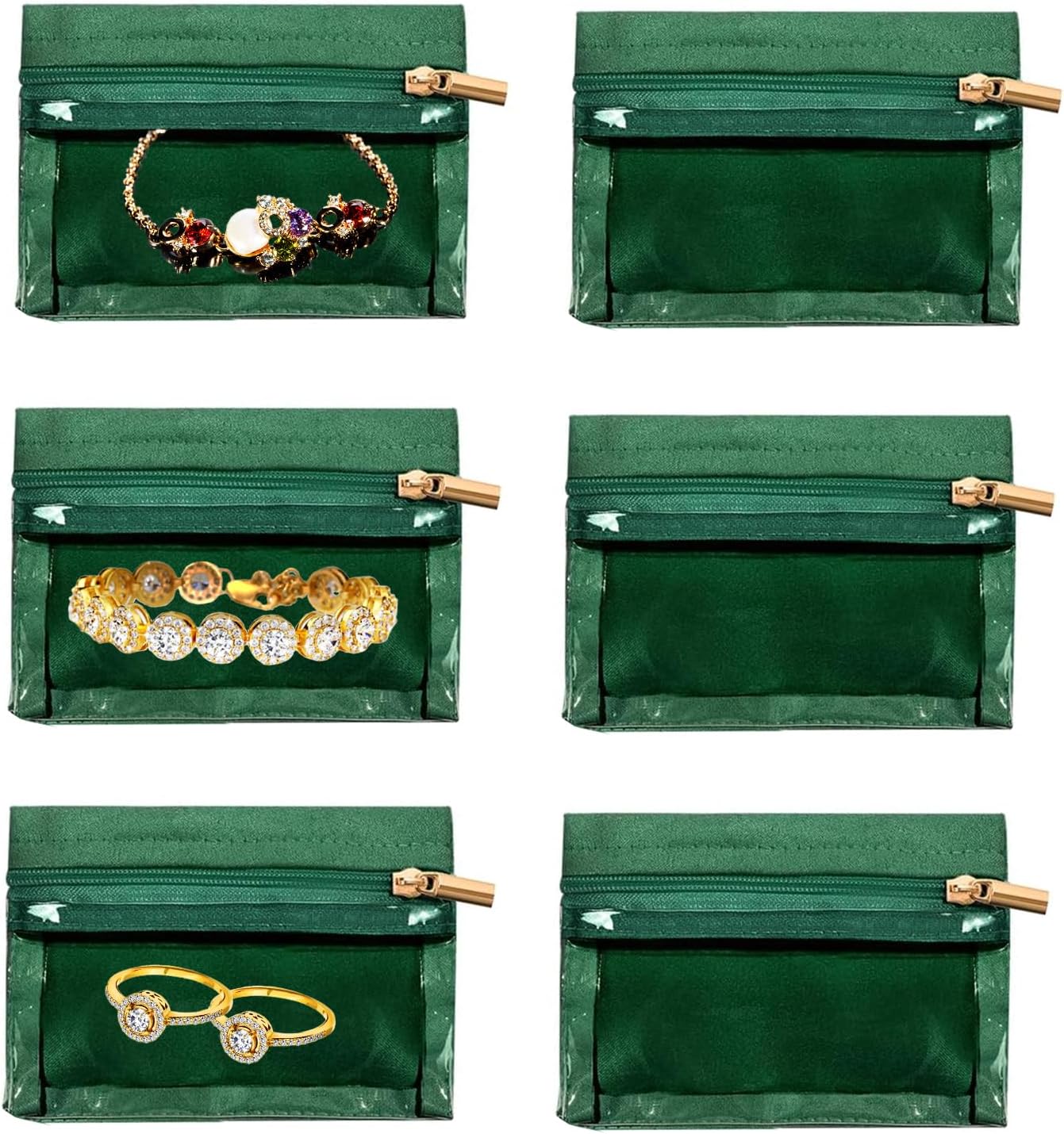 6/12 Pcs Travel Jewelry Organizer Pouches – Velvet Jewelry Bags with Clear Zipper Pockets, Anti-Tarnish Jewelry Storage for Necklaces, Rings, Earrings – Perfect for Women’s Travel Gifts (6, Green)