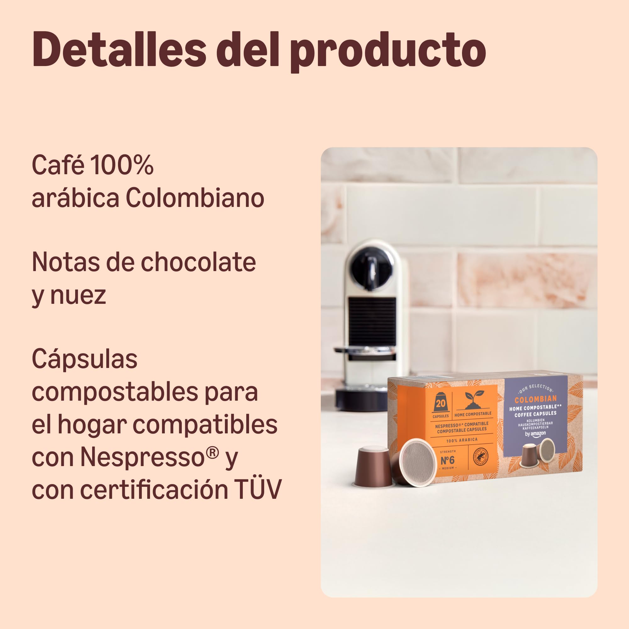 by Amazon Cápsulas de Café Compostables en Casa Compatibles con Nespresso, 100% Arábica Colombiana, 20 Unidades, Certificadas por Rainforest Alliance