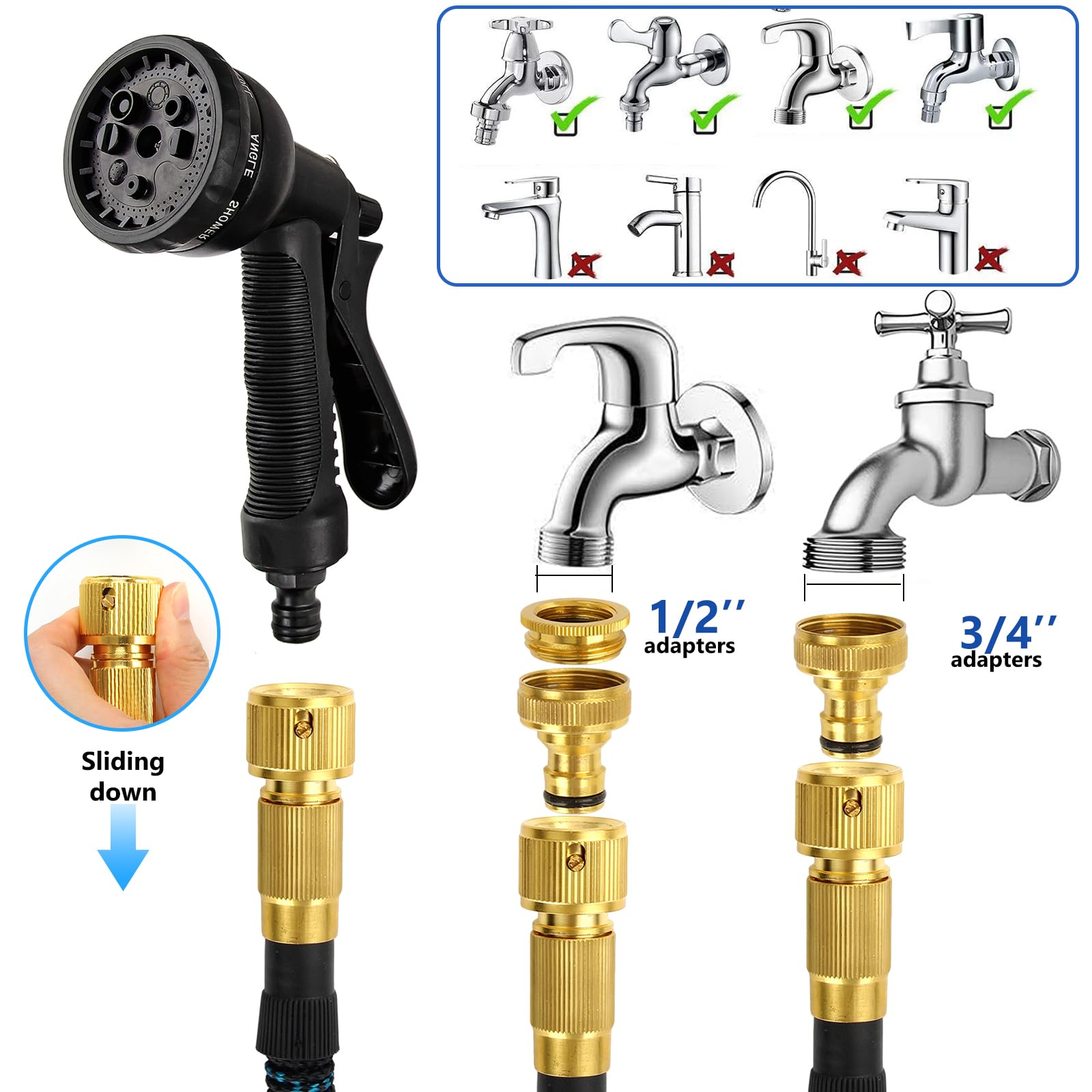 Tubo flessibile da giardino espandibile da 30 m, con ugello spray a 8 funzioni, 3 tubi flessibili espandibili durevoli con connettori in ottone anti-perdite da 3/4" 1/2" per giardinaggio, prato