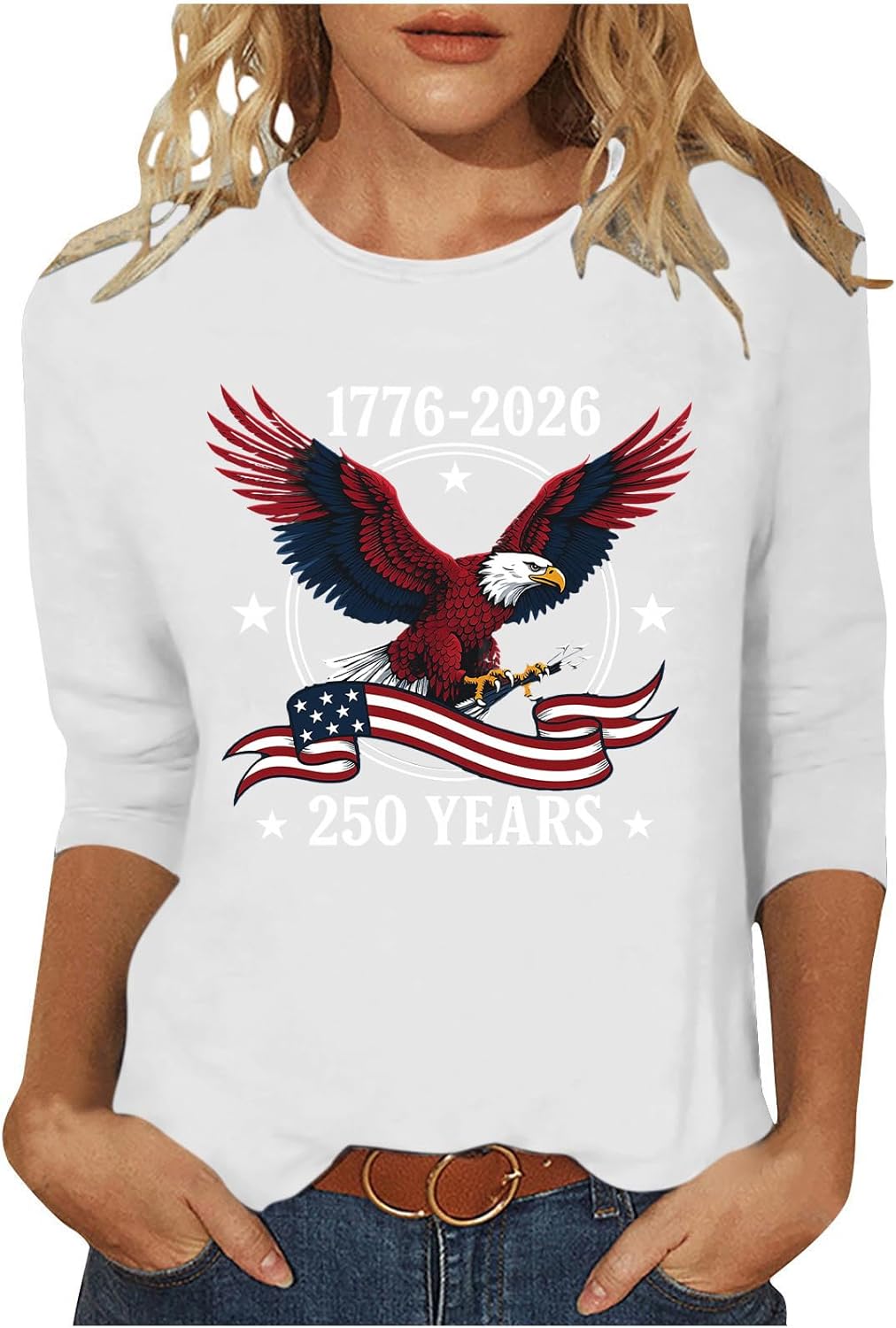 250 Anniversary USA Shirt 3/4 Length Sleeve Womens Tops Patriotic Graphic Tees Shirts Summer Tops 1776-2026
