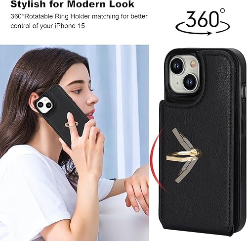 Miniatura 3 de Folosu Funda compatible con iPhone 15 con soporte para tarjetas, rotación de 360, soporte de anillo de dedo con función atril, bloqueo RFID, doble