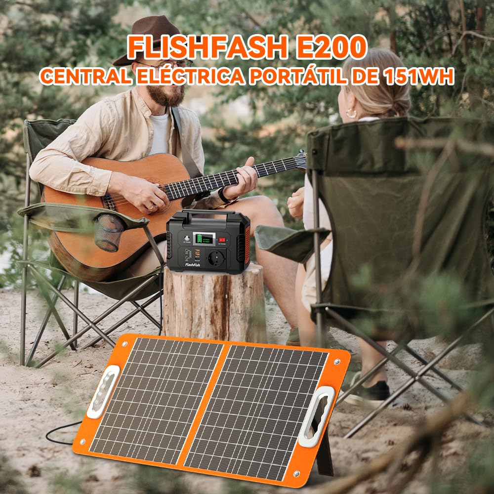 FlashFish estacion de energia portatil 200W, 151Wh Generador Solar, Salida de CA de 230V, Batería de Emergencia, Generador Electrico Portatil para Acampar, Aventuras y Emergencias