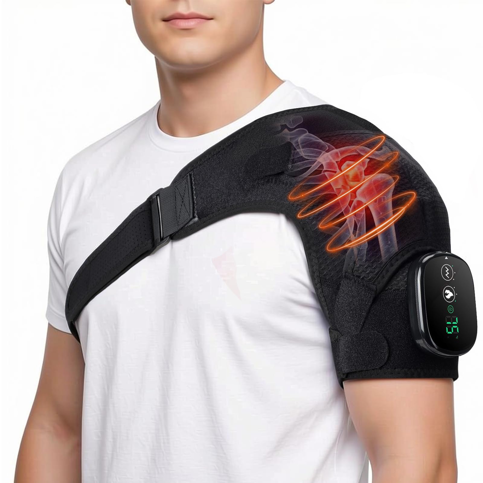 schulter massagegerät mit Wärme & Vibration, Kabellose Beheizte Schulterstütze mit 5000mAh Akku, 3 Heizstufen und 3 Vibrationsmodi, Verstellbare Schulterbandage für Männer Frauen Links/Rechts Schulter