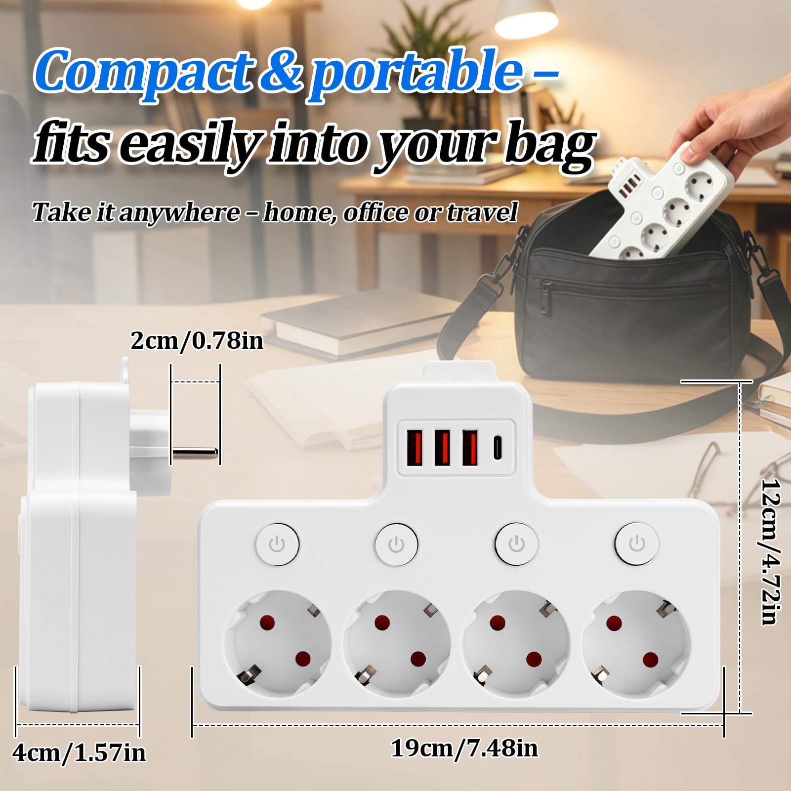 Ciabatta con 4 prese con USB-C e 3 USB-A, interruttore singolo con spia di controllo, protezione per bambini e protezione da sovratensione per ufficio, casa, cucina, viaggi